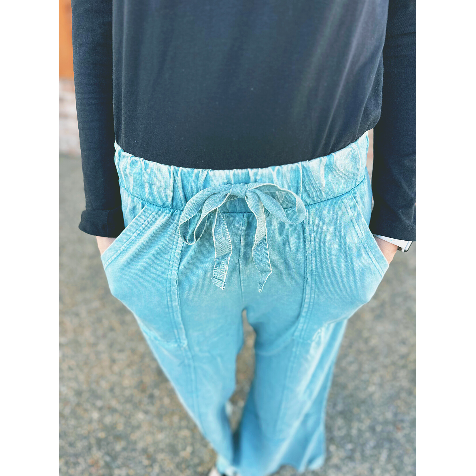 Zenana Zenana Exposed-Seam Flare Hem Pants with Pockets Ash Blue