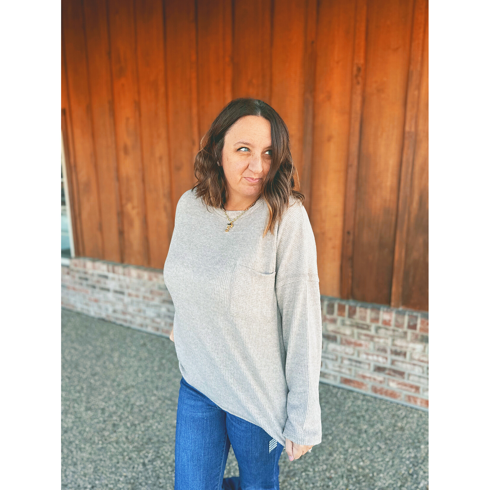 Zenana Zenana Ribbed Brushed Melange Hacci Sweater with Pocket Heather Mocha