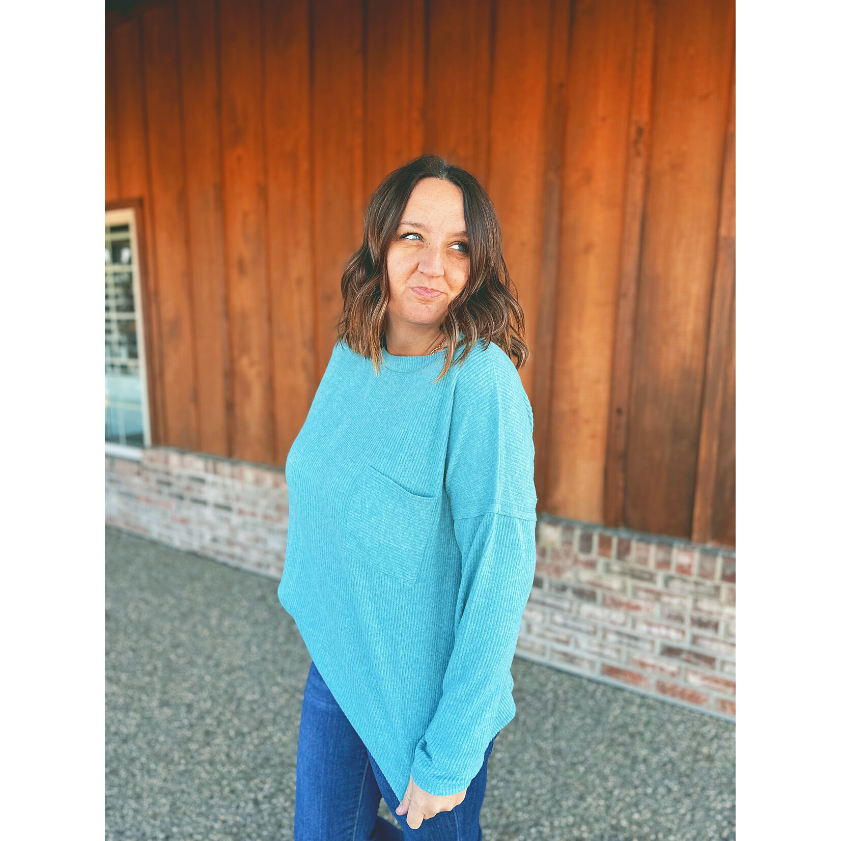 Zenana Zenana Ribbed Brushed Melange Hacci Sweater with Pocket Dusty Teal