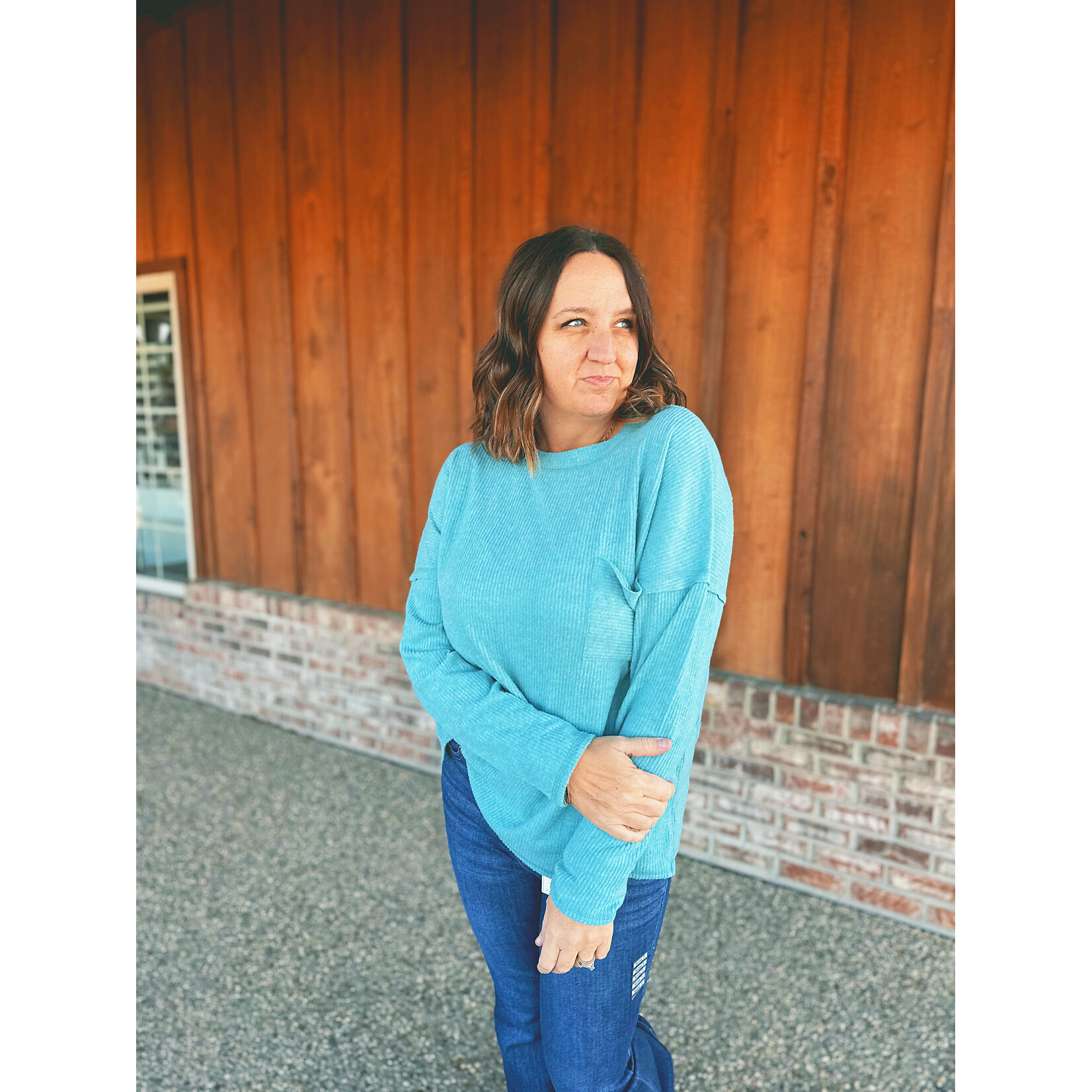 Zenana Zenana Ribbed Brushed Melange Hacci Sweater with Pocket Dusty Teal