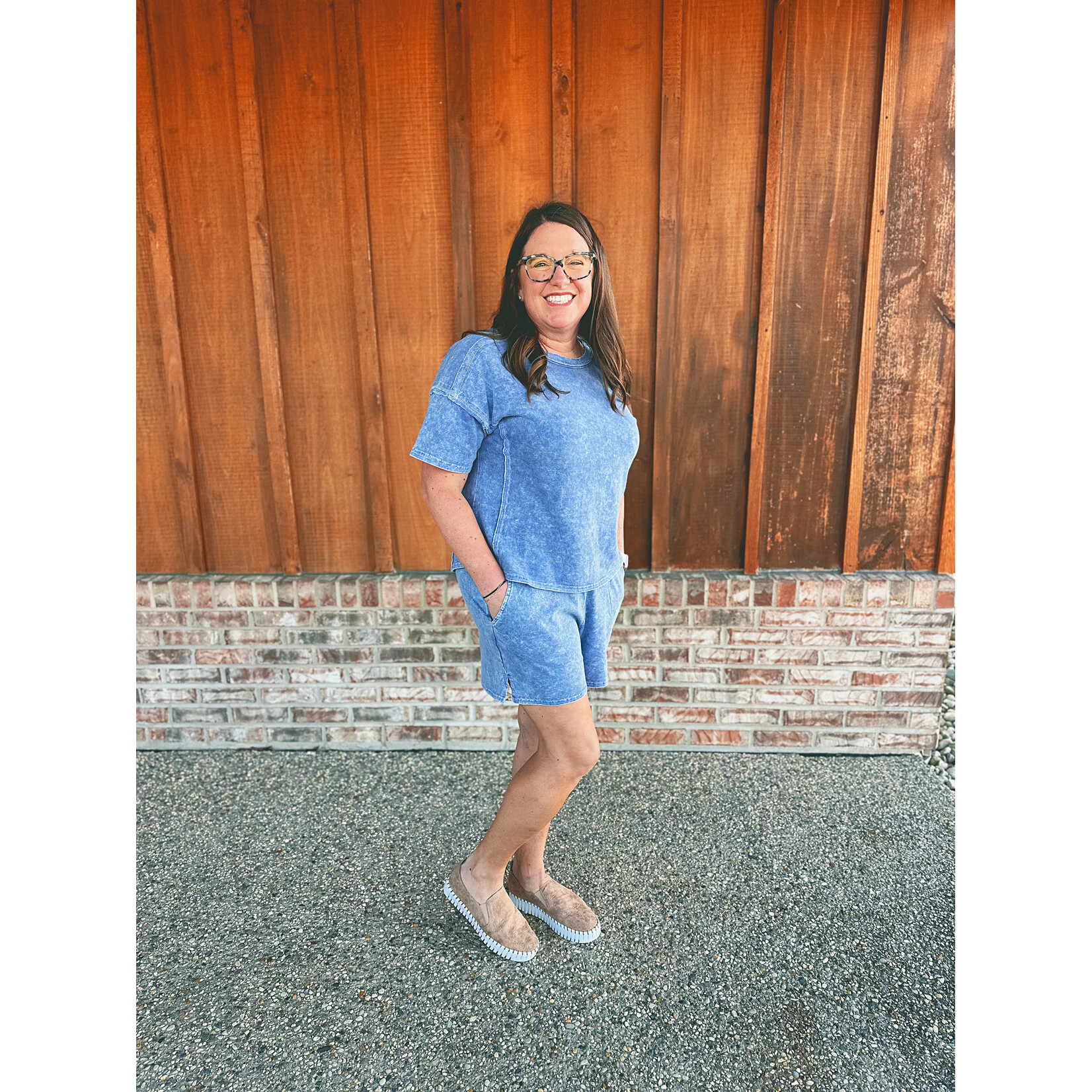 Zenana Zenana Halo Snow Washed Short Sleeve Tee & Shorts Set Navy