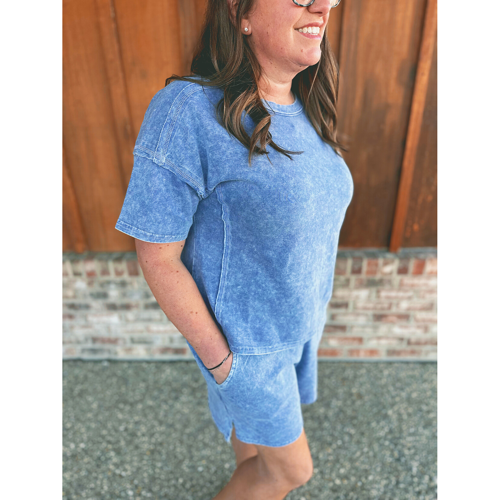 Zenana Zenana Halo Snow Washed Short Sleeve Tee & Shorts Set Navy