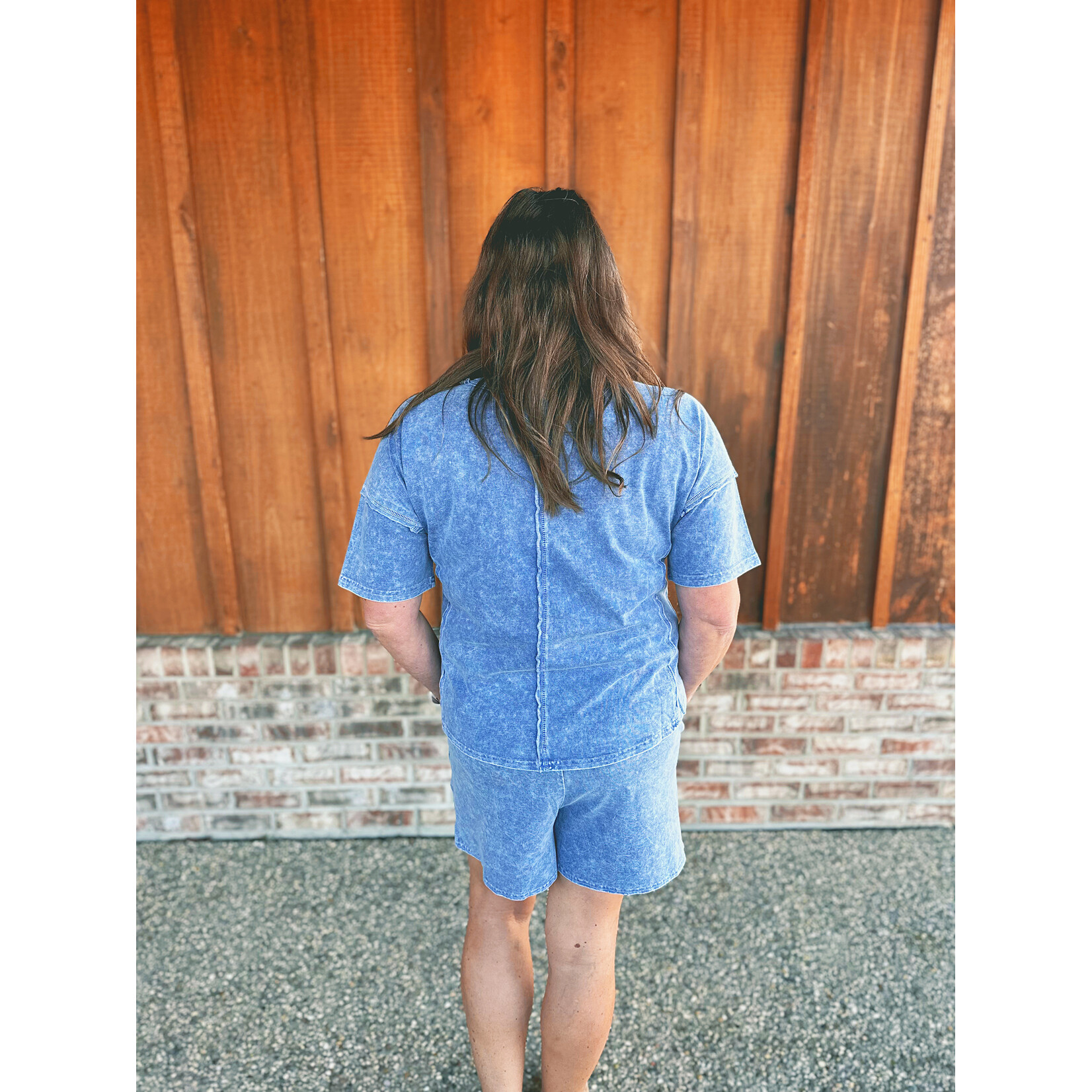 Zenana Zenana Halo Snow Washed Short Sleeve Tee & Shorts Set Navy