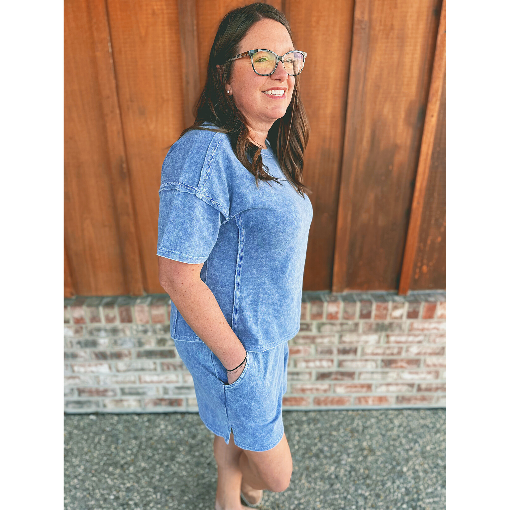 Zenana Zenana Halo Snow Washed Short Sleeve Tee & Shorts Set Navy