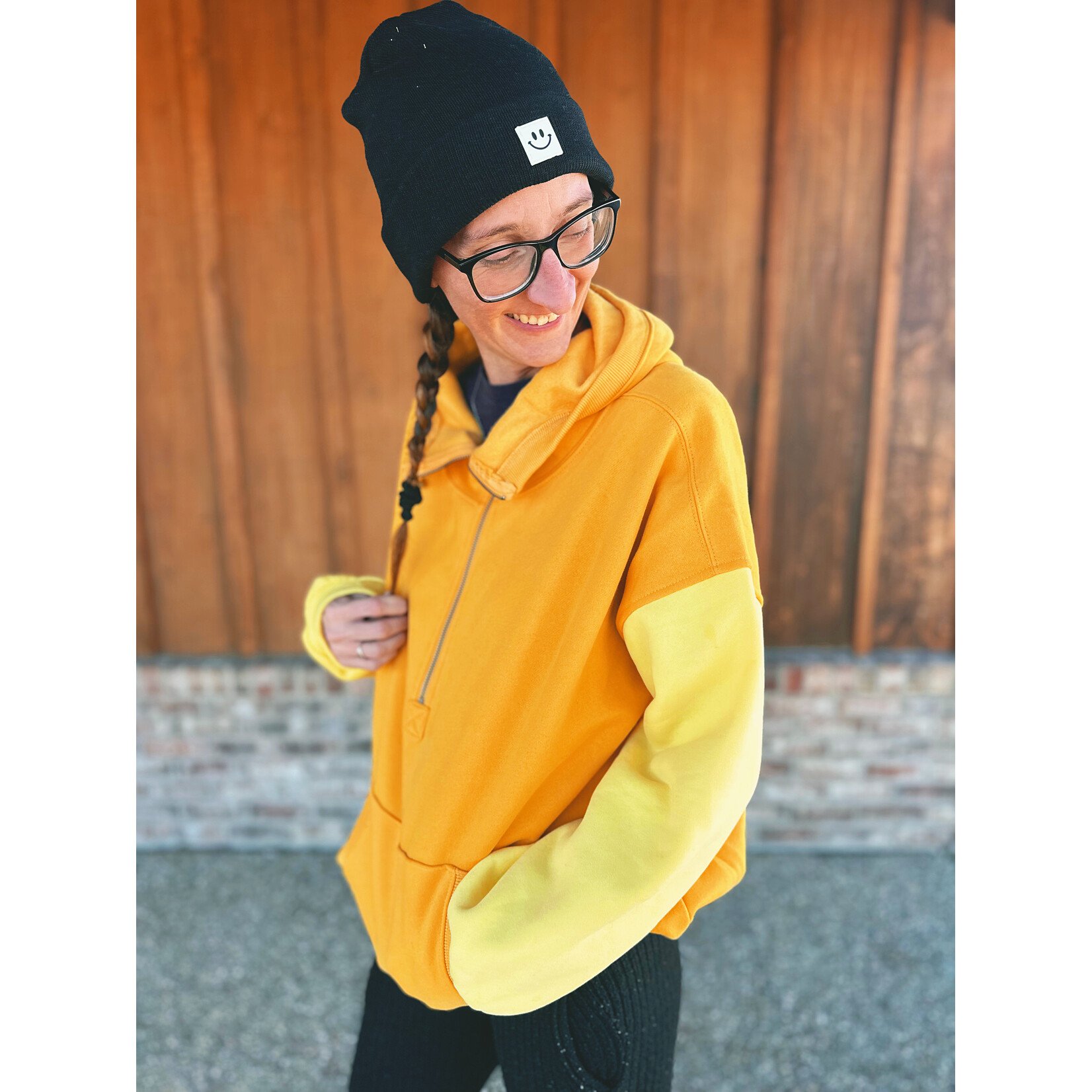 Bibi Clothing Color Block Elastic Hem Fleece Hoodie Apricot Multi