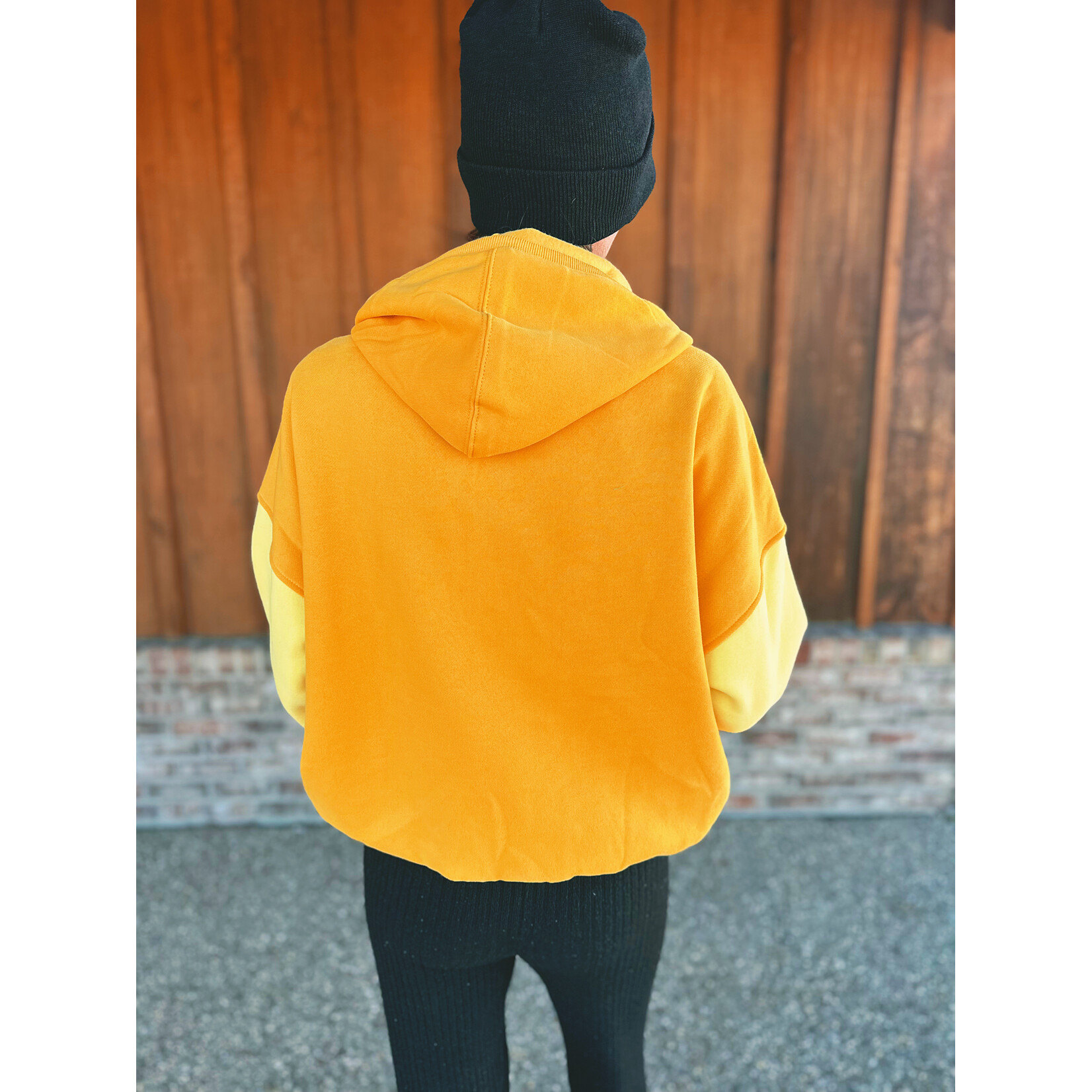 Bibi Clothing Color Block Elastic Hem Fleece Hoodie Apricot Multi