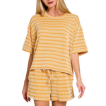 Zenana Zenana Raised Ribbed Stripe Tee & Shorts Set Mustard
