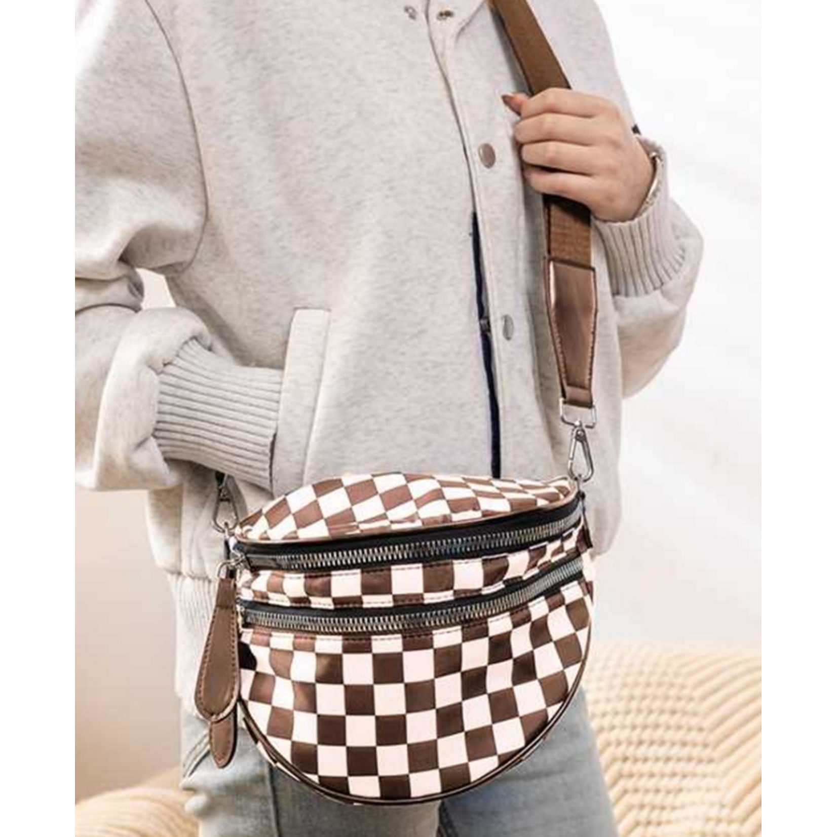 Zenana Zenana Double Zip Crescent Sling Bum Bag Brown Checkered