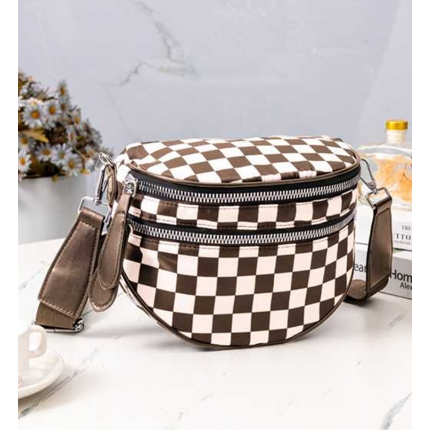 Zenana Zenana Double Zip Crescent Sling Bum Bag Brown Checkered