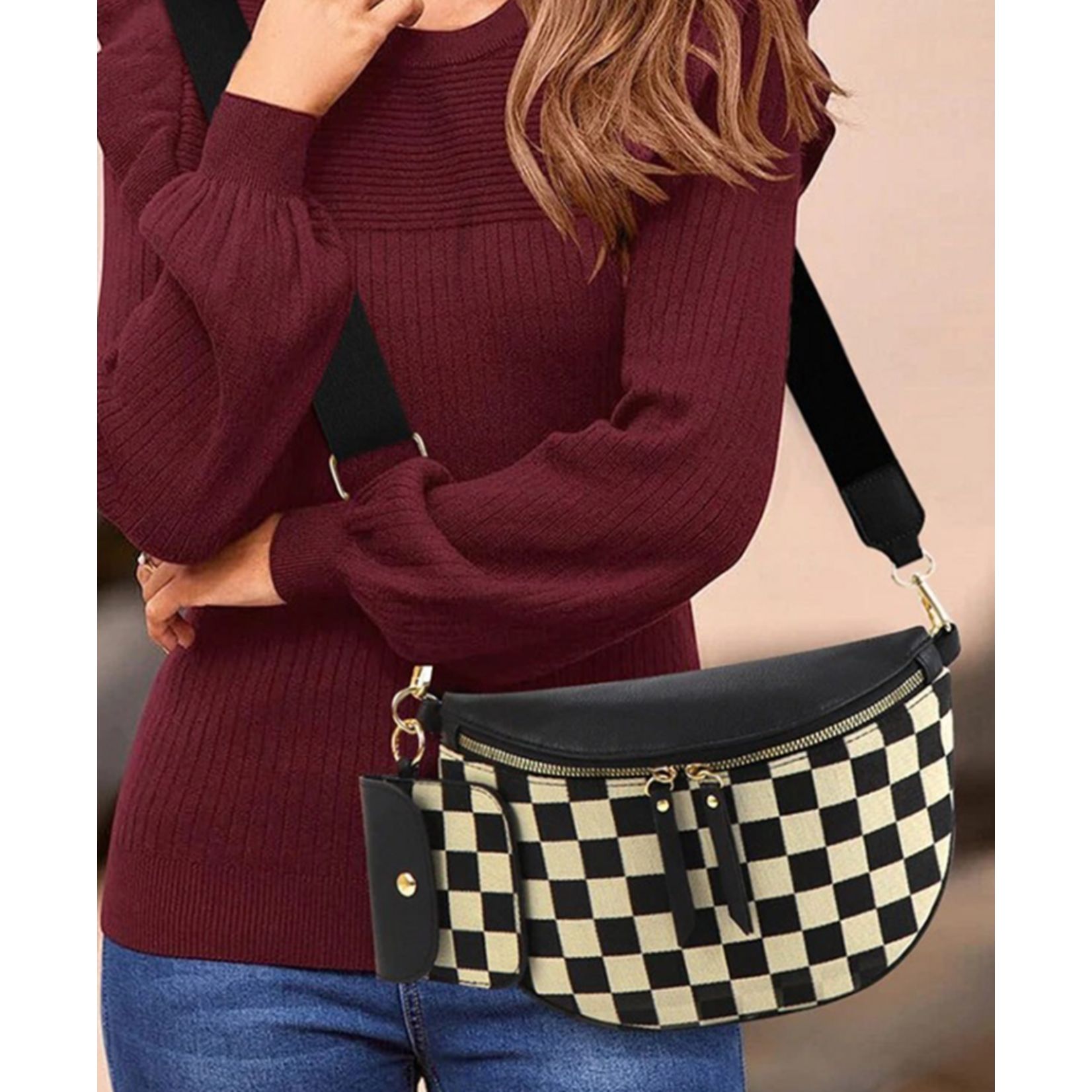 Zenana Zenana Duo Checkered Crossbody Sling & Wallet Black