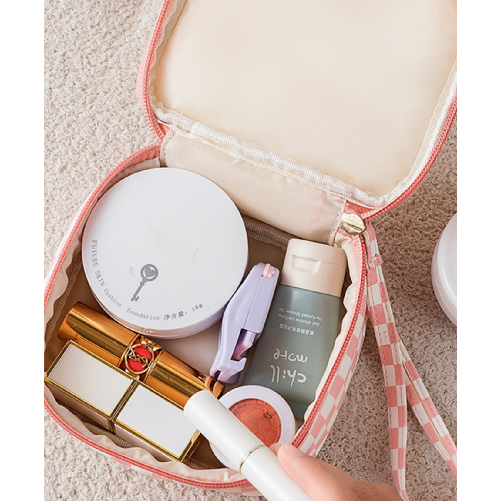 Zenana Zenana Checkered Cosmetic Makeup Travel Case Pink