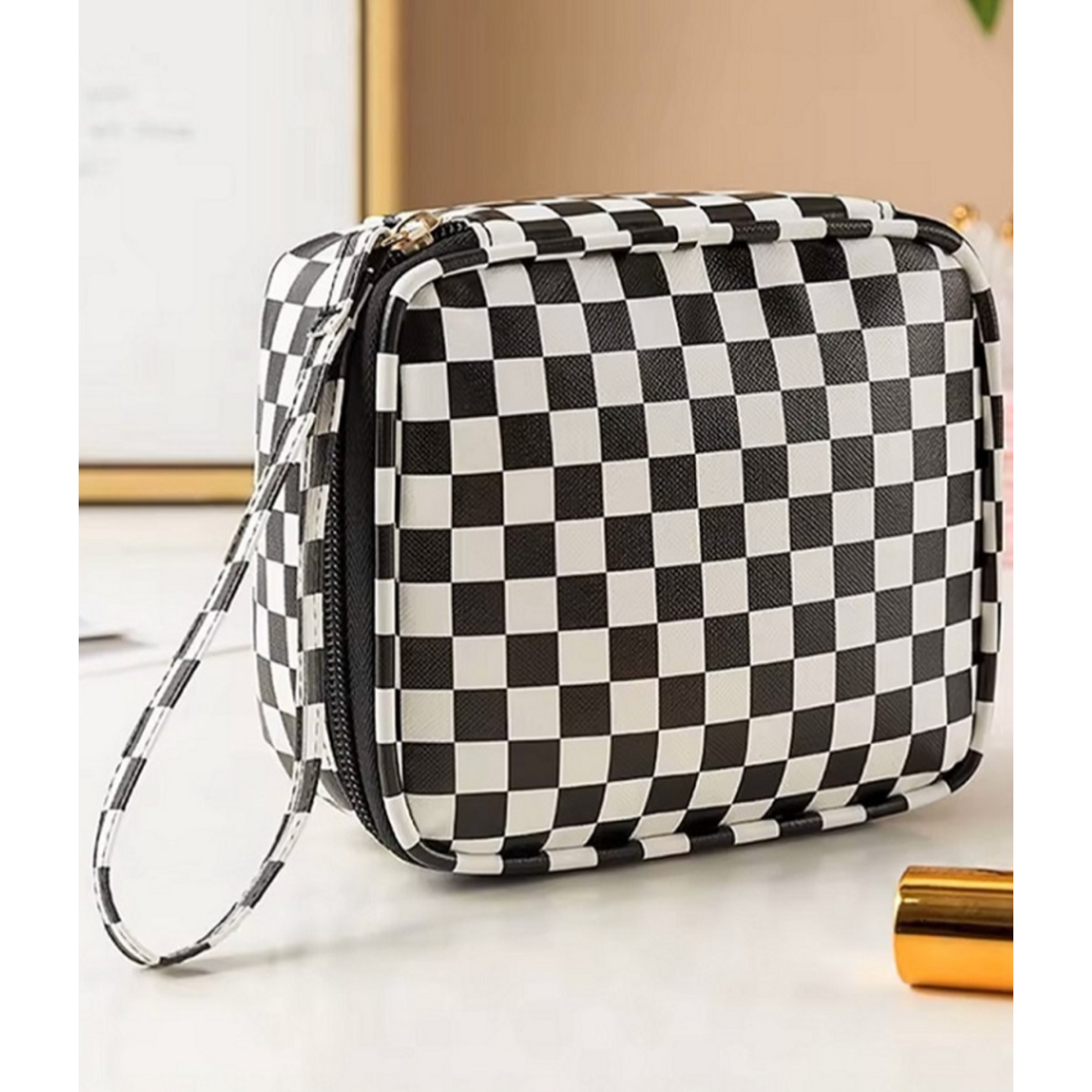 Zenana Zenana Checkered Cosmetic Makeup Travel Case Black
