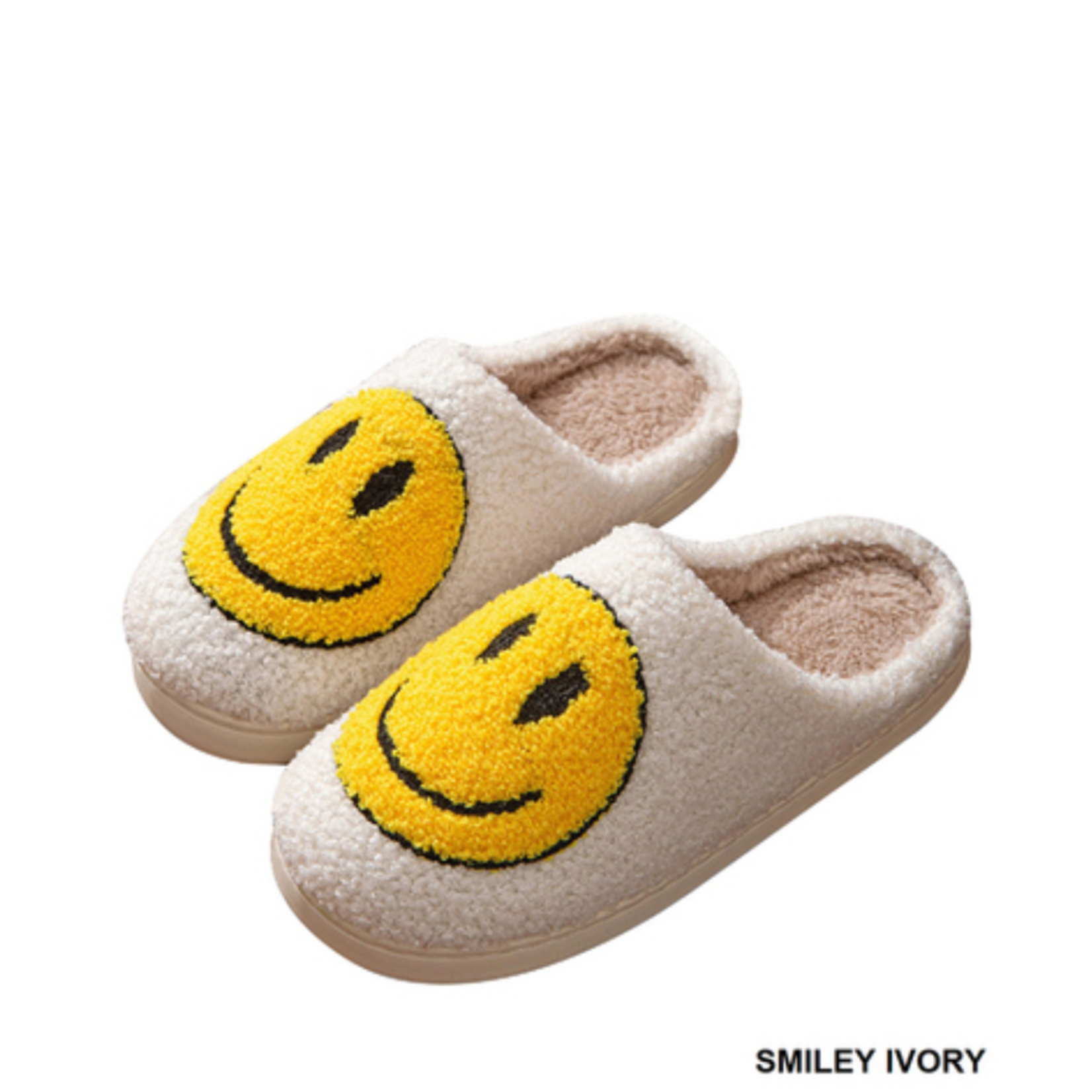 Zenana Zenana Soft Plush Cozy Slippers Smiley Ivory