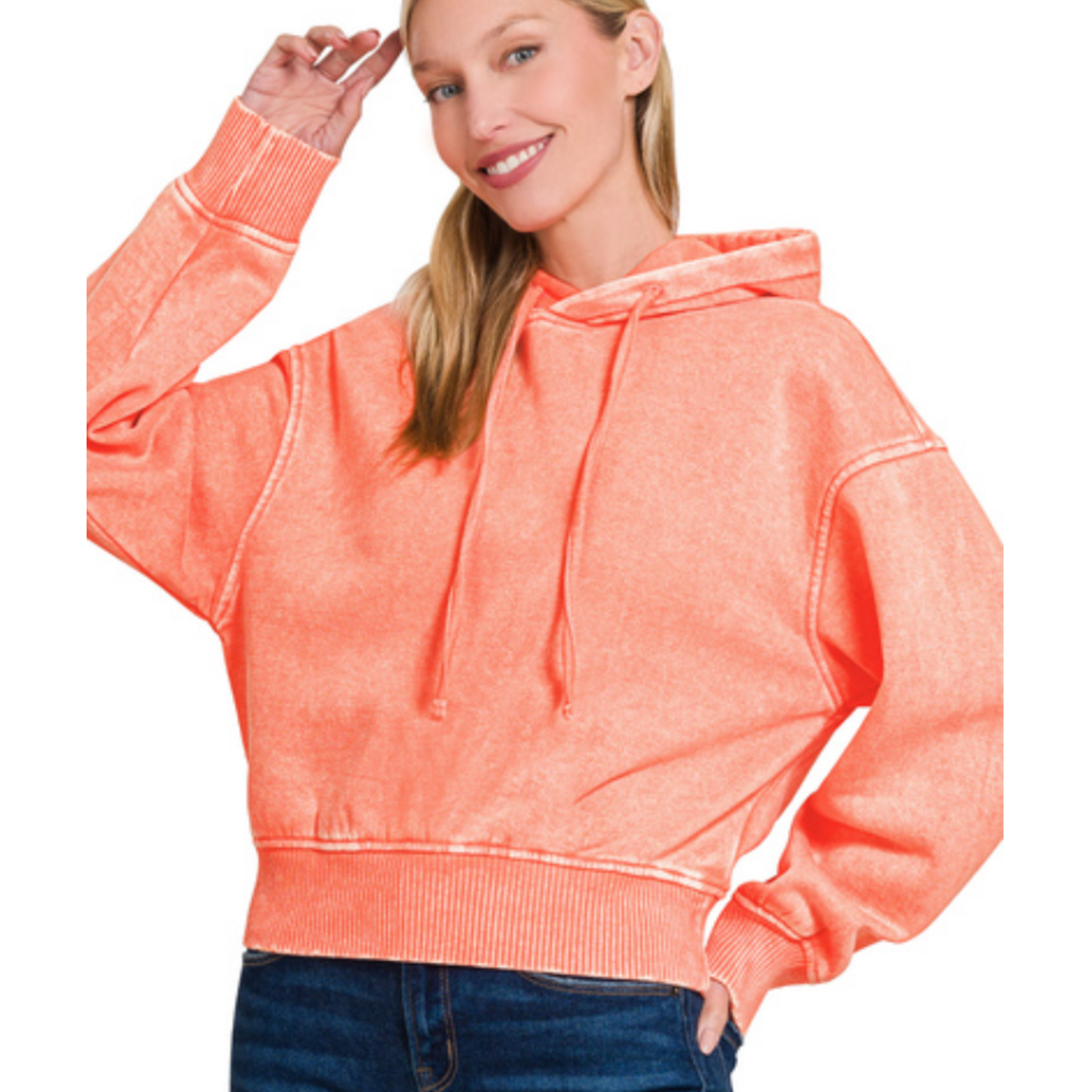 Zenana Zenana Acid Wash Fleece Cropped Hoodie Coral