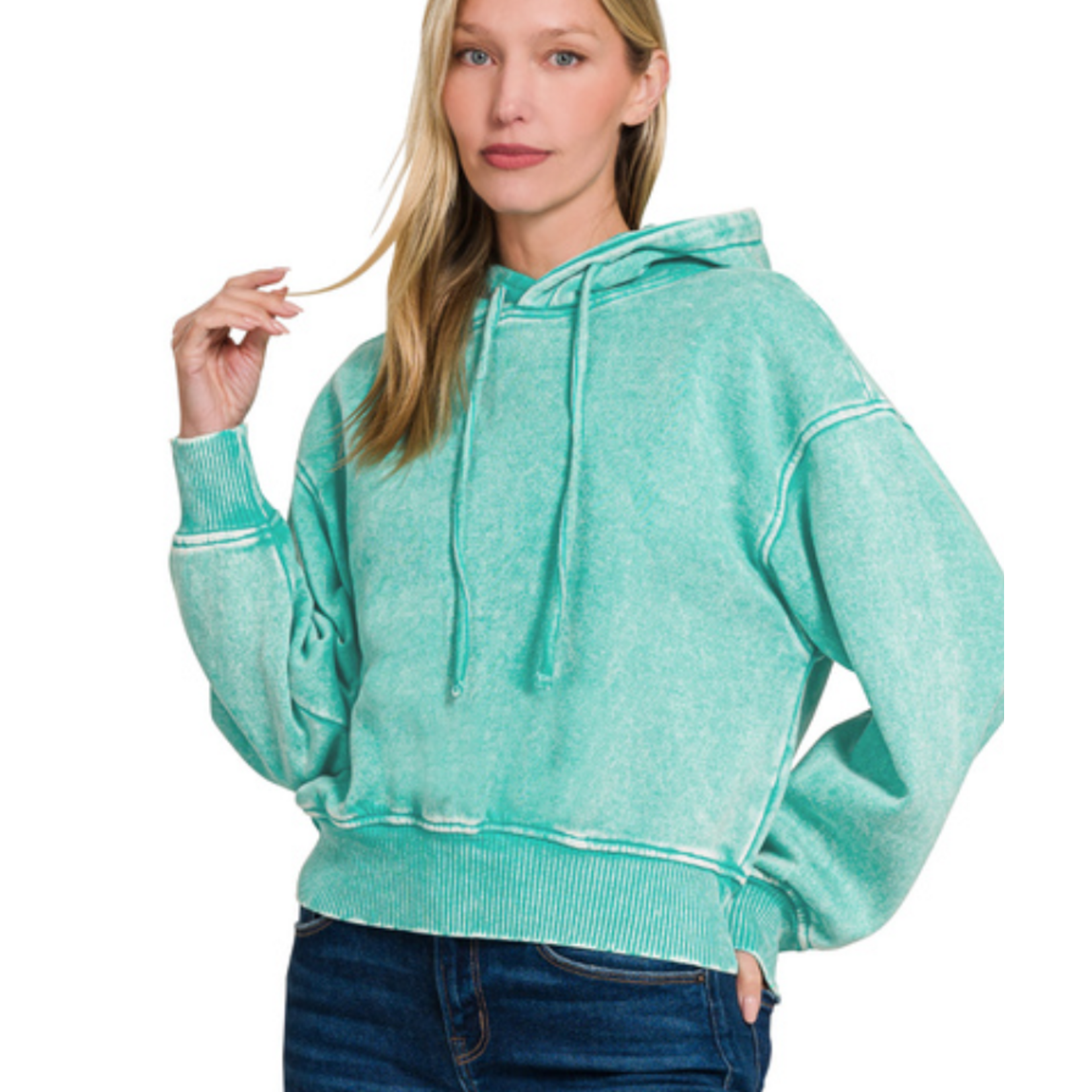 Zenana Zenana Acid Wash Fleece Cropped Hoodie Turquoise