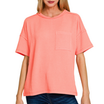 Zenana Zenana Raised Rib Exposed Seam Short Sleeve Top Coral