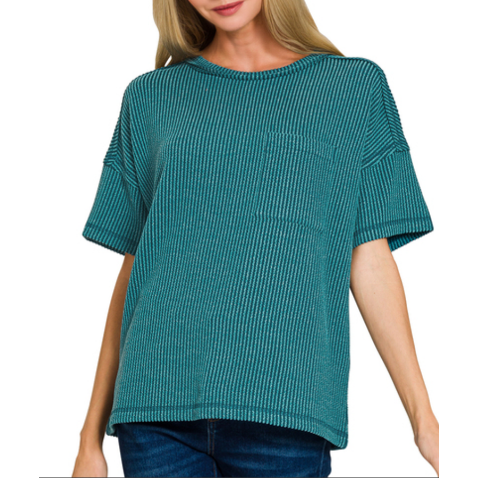 Zenana Zenana Raised Rib Exposed Seam Short Sleeve Top Teal
