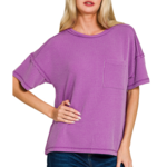 Zenana Zenana Raised Rib Exposed Seam Short Sleeve Top Lt Plum