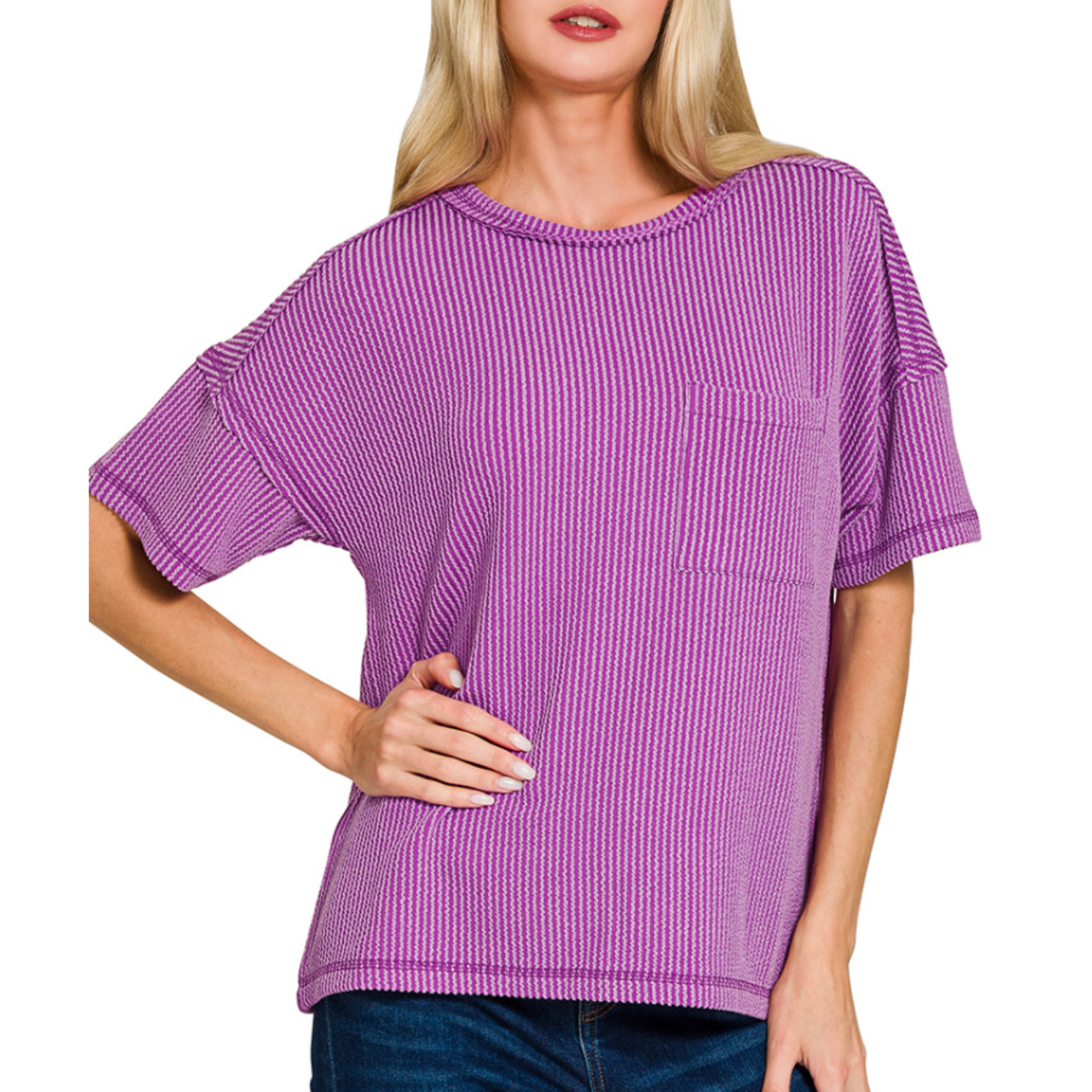 Zenana Zenana Raised Rib Exposed Seam Short Sleeve Top Lt Plum