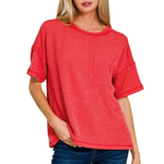 Zenana Zenana Raised Rib Exposed Seam Short Sleeve Top Ruby