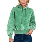Zenana Zenana Acid Wash Fleece Cropped Hoodie Forest