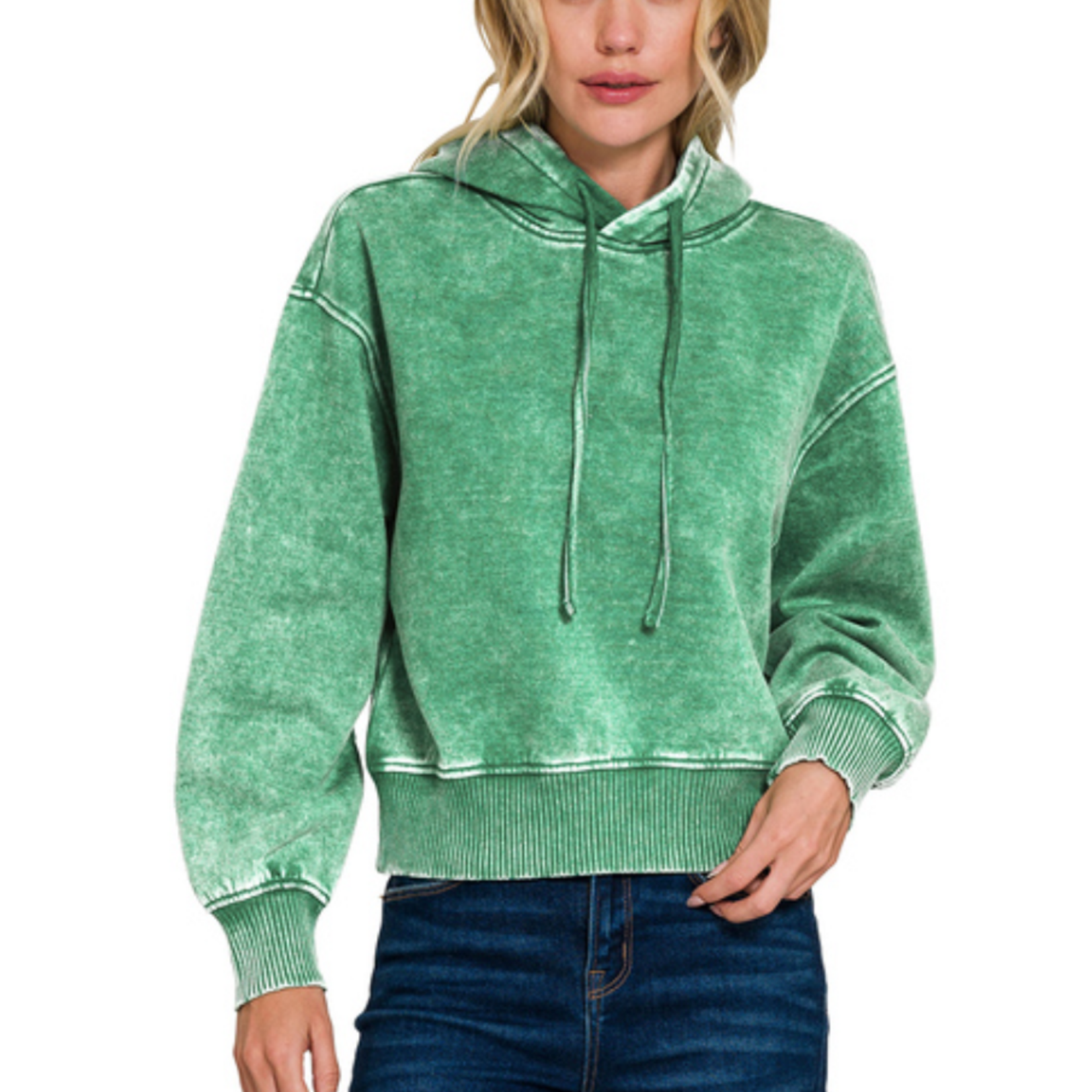 Zenana Zenana Acid Wash Fleece Cropped Hoodie Forest