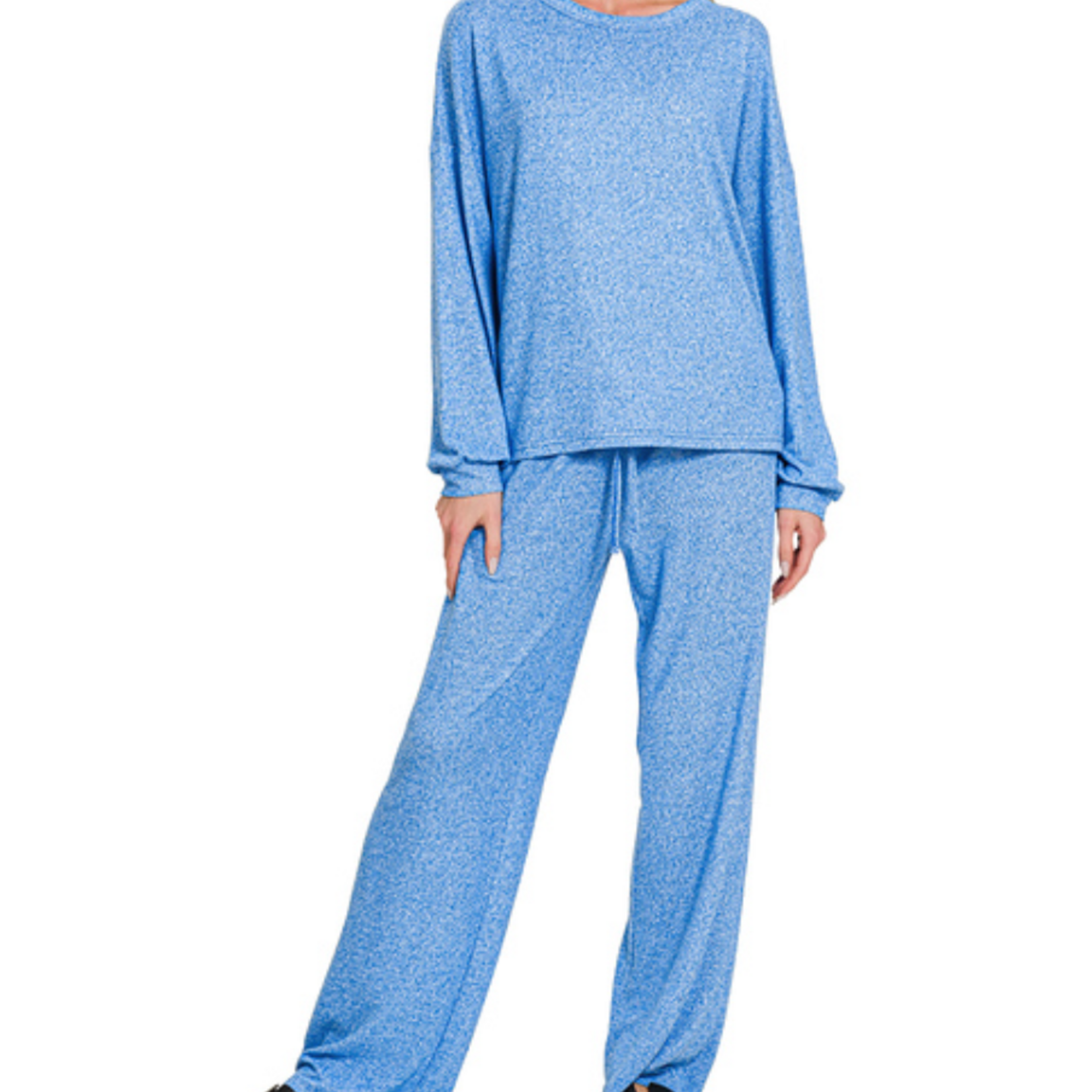 Zenana Zenana Soft Melange Hacci Long Sleeve Tee & Pants Set Ocean Blue