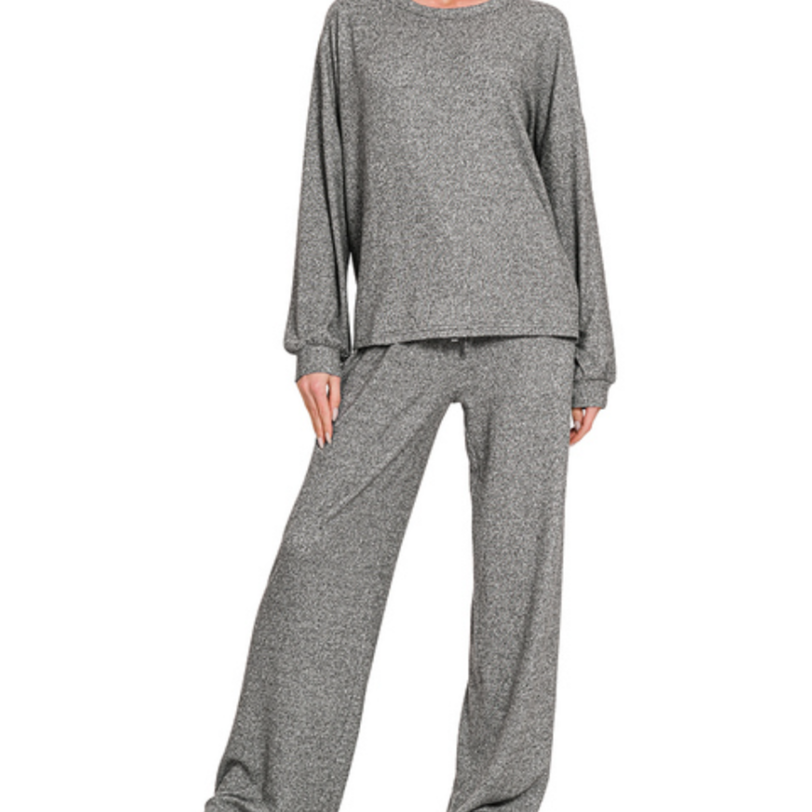 Zenana Zenana Soft Melange Hacci Long Sleeve Tee & Pants Set Black