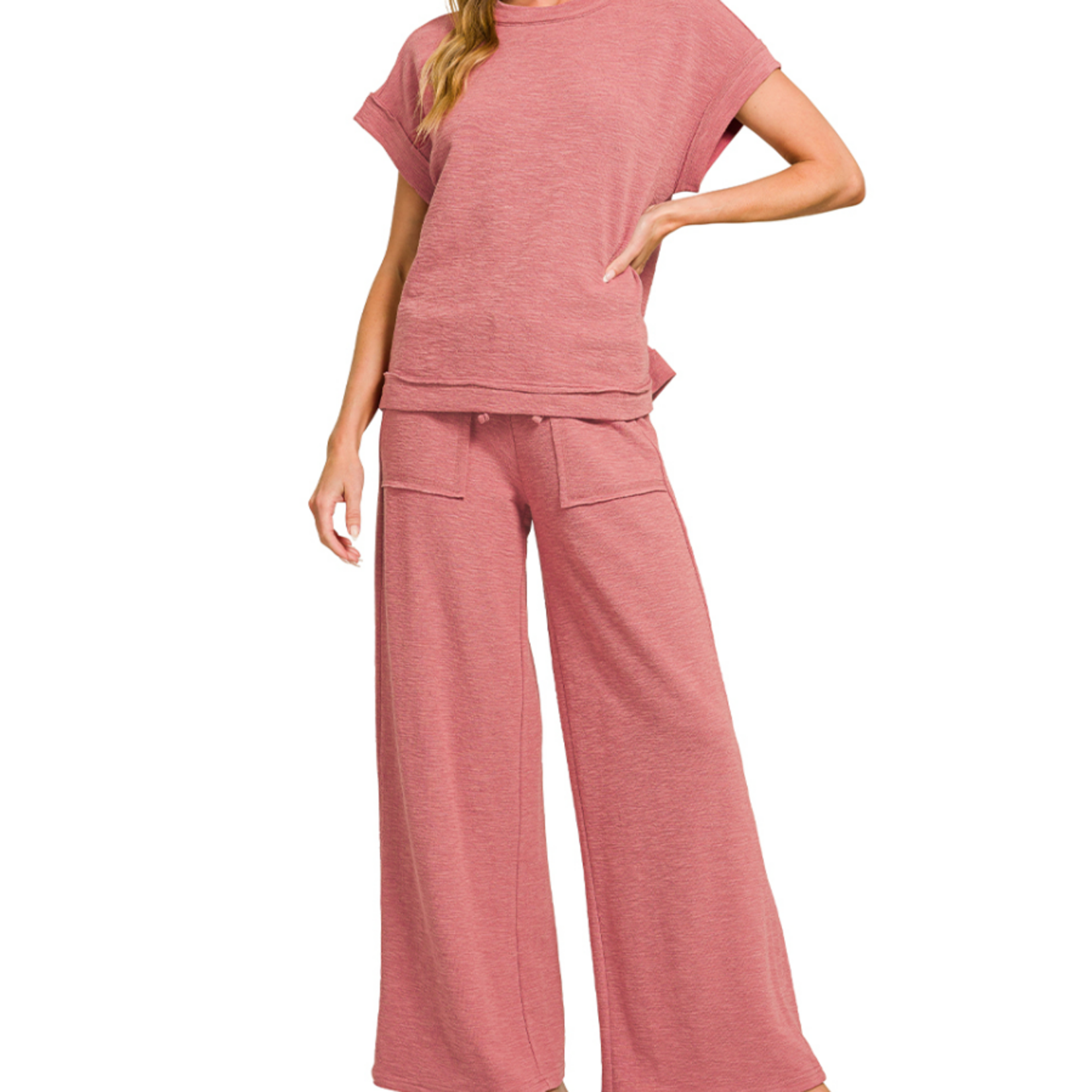 Zenana Zenana Cotton Slub Short Sleeve Tee & Pants Set Winter Rose