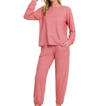 Zenana Zenana Hacci Long Sleeve Round Neck Tee & Jogger Set Dk Red