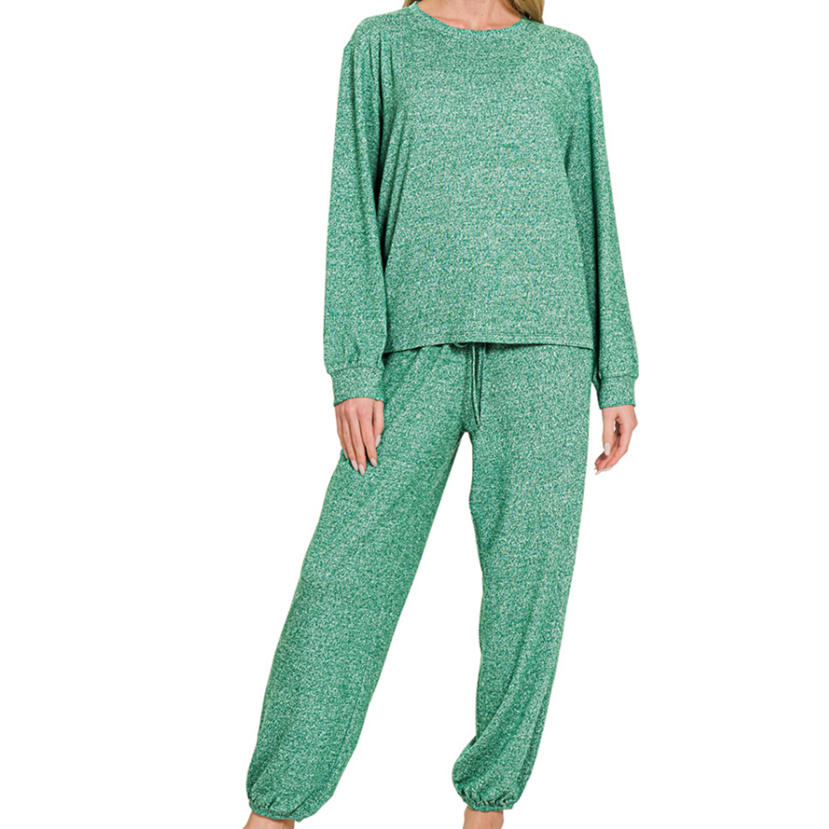 Zenana Zenana Hacci Long Sleeve Round Neck Tee & Jogger Set Dk Green