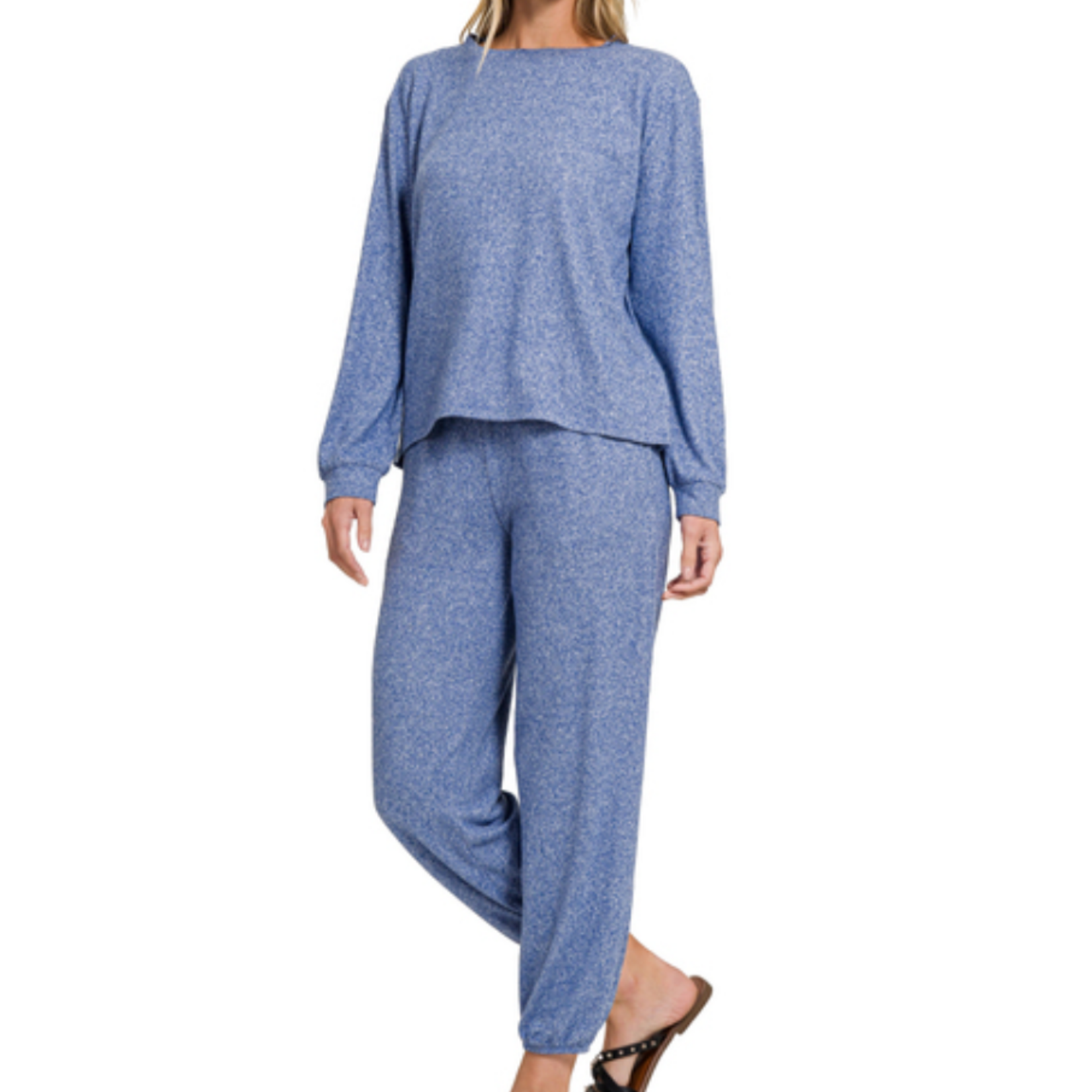 Zenana Zenana Hacci Long Sleeve Round Neck Tee & Jogger Set Lt Navy