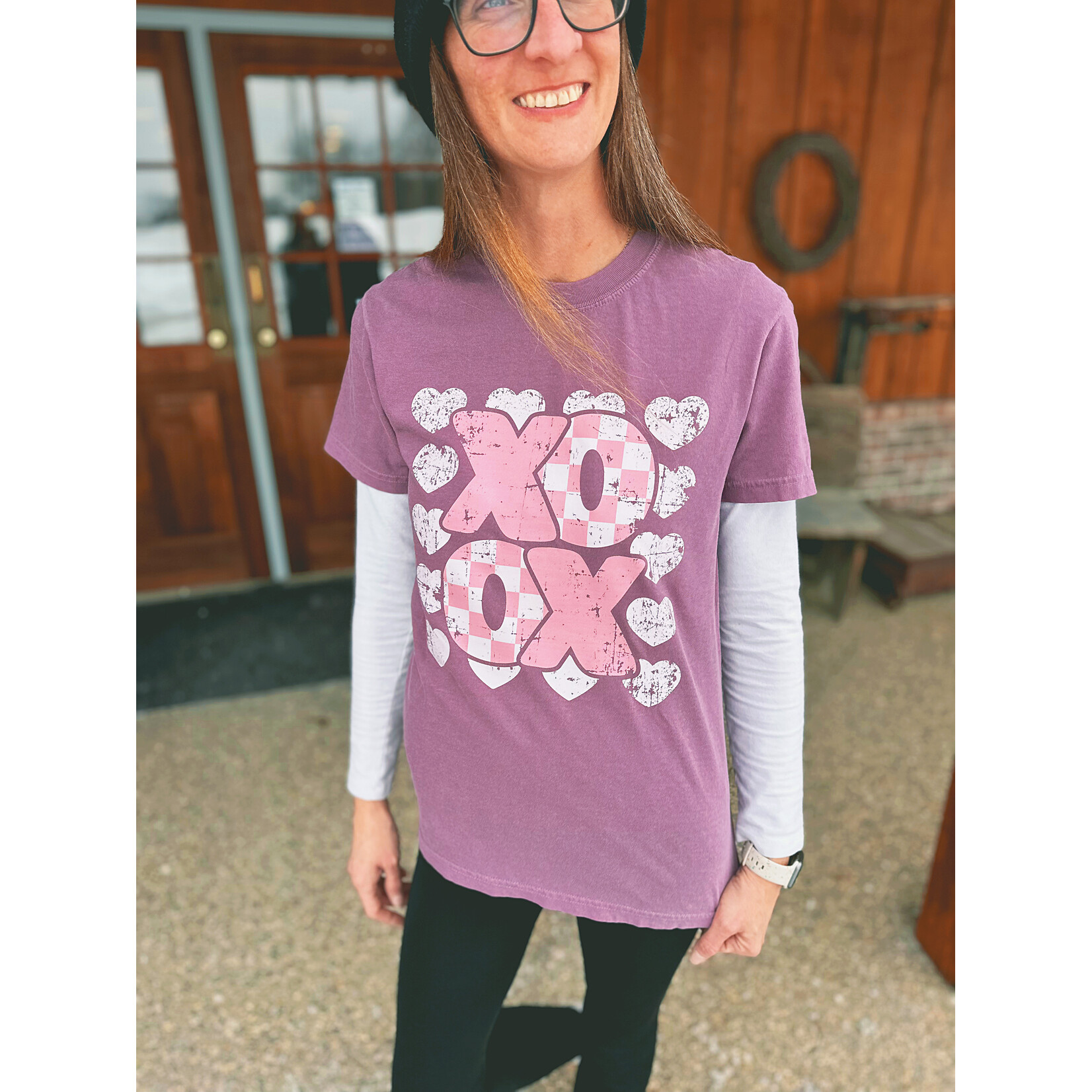 Kissed Apparel XOXO Heart Grid Valentine's Day Graphic Tee Plum