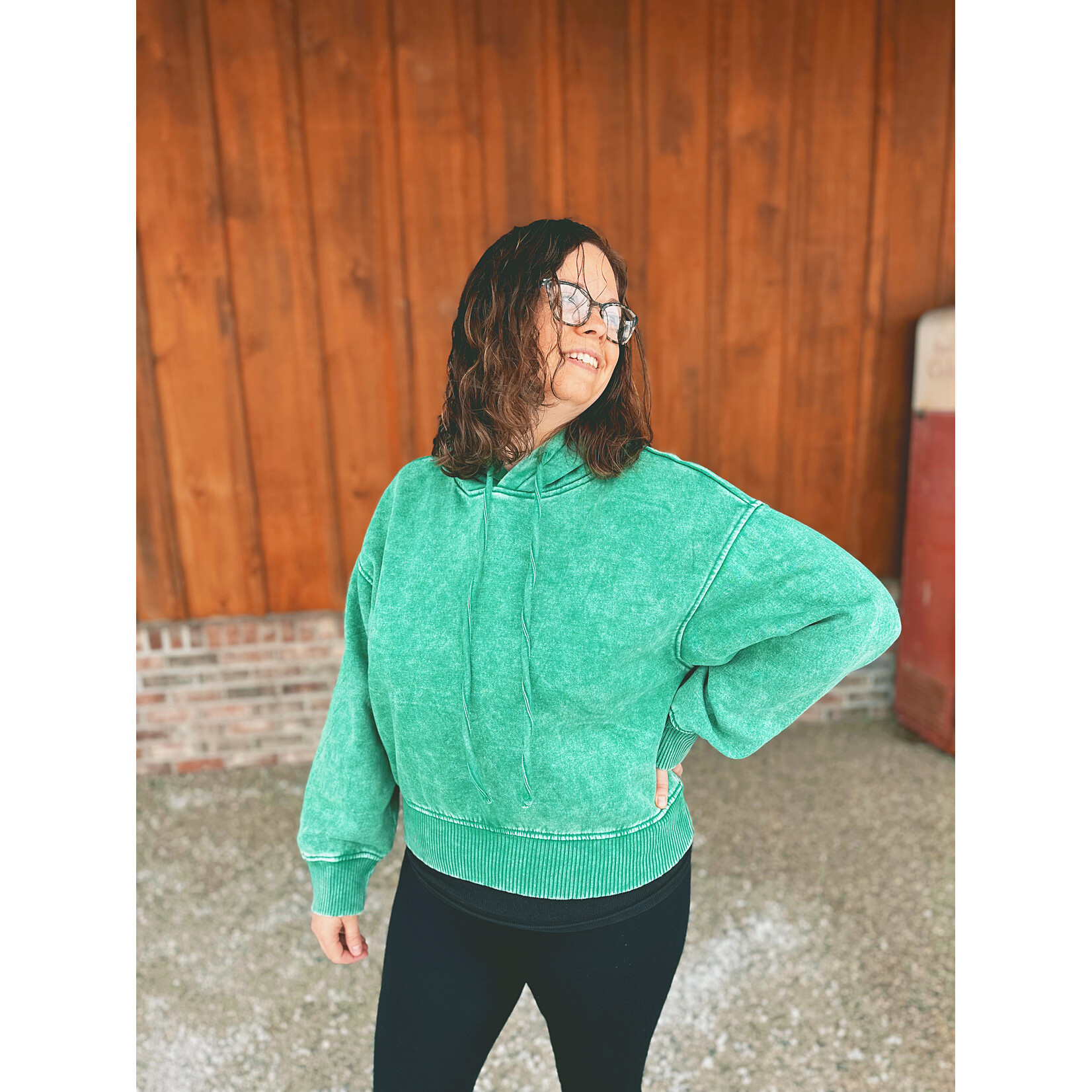 Zenana Zenana Acid Wash Fleece Cropped Hoodie Forest