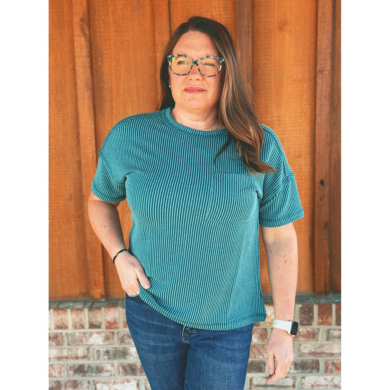 Zenana Zenana Raised Rib Exposed Seam Short Sleeve Top Teal