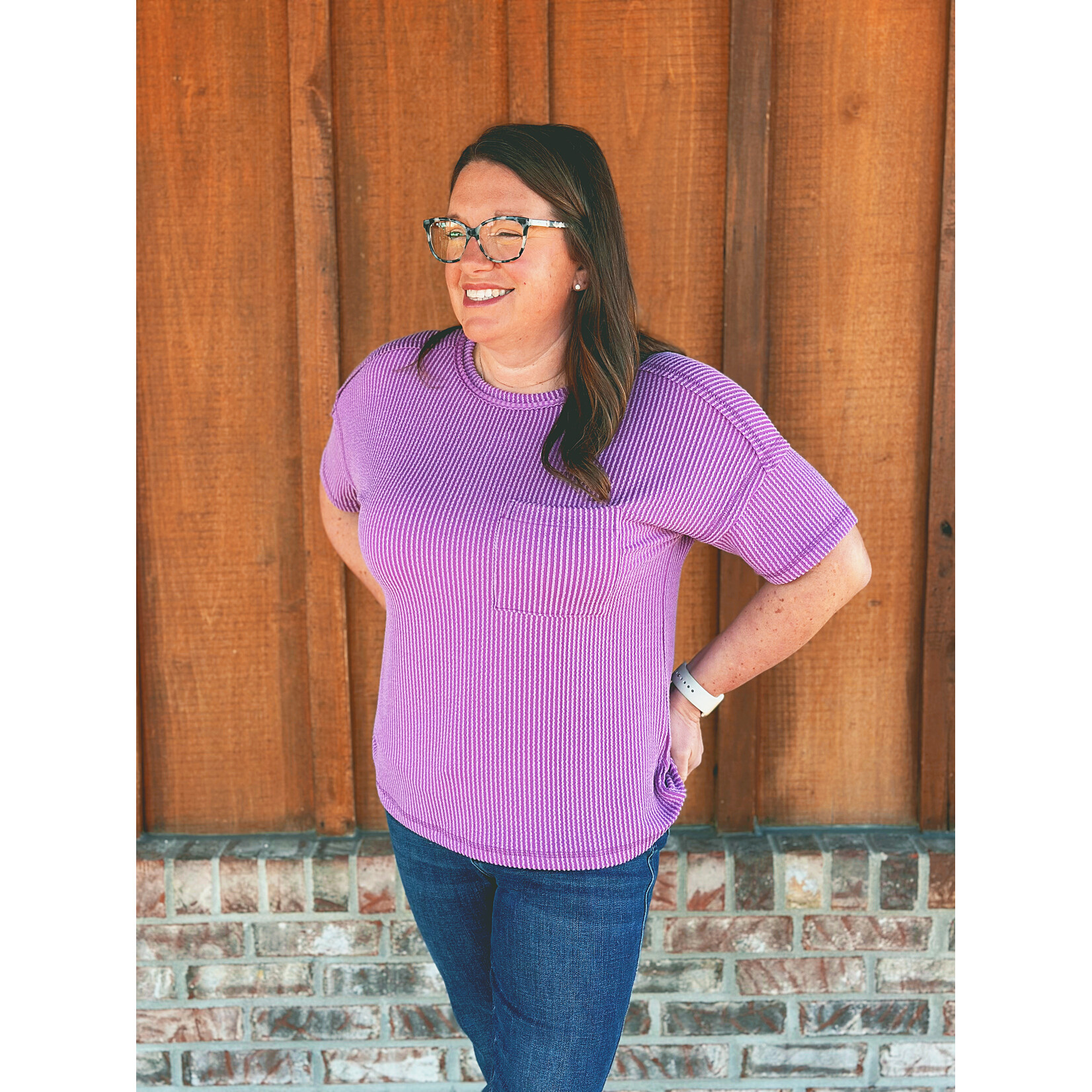 Zenana Zenana Raised Rib Exposed Seam Short Sleeve Top Lt Plum