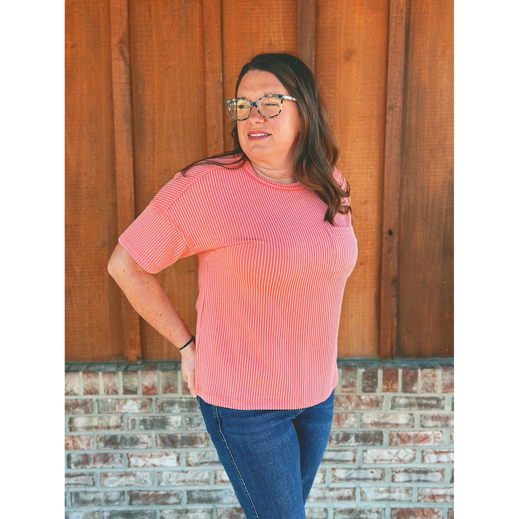 Zenana Zenana Raised Rib Exposed Seam Short Sleeve Top Coral