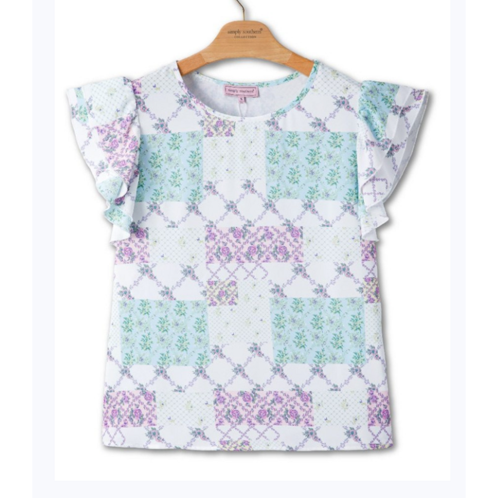 Simply Southern Simply Southern Ruffle Sleeve Top Purple Floral Patchwork