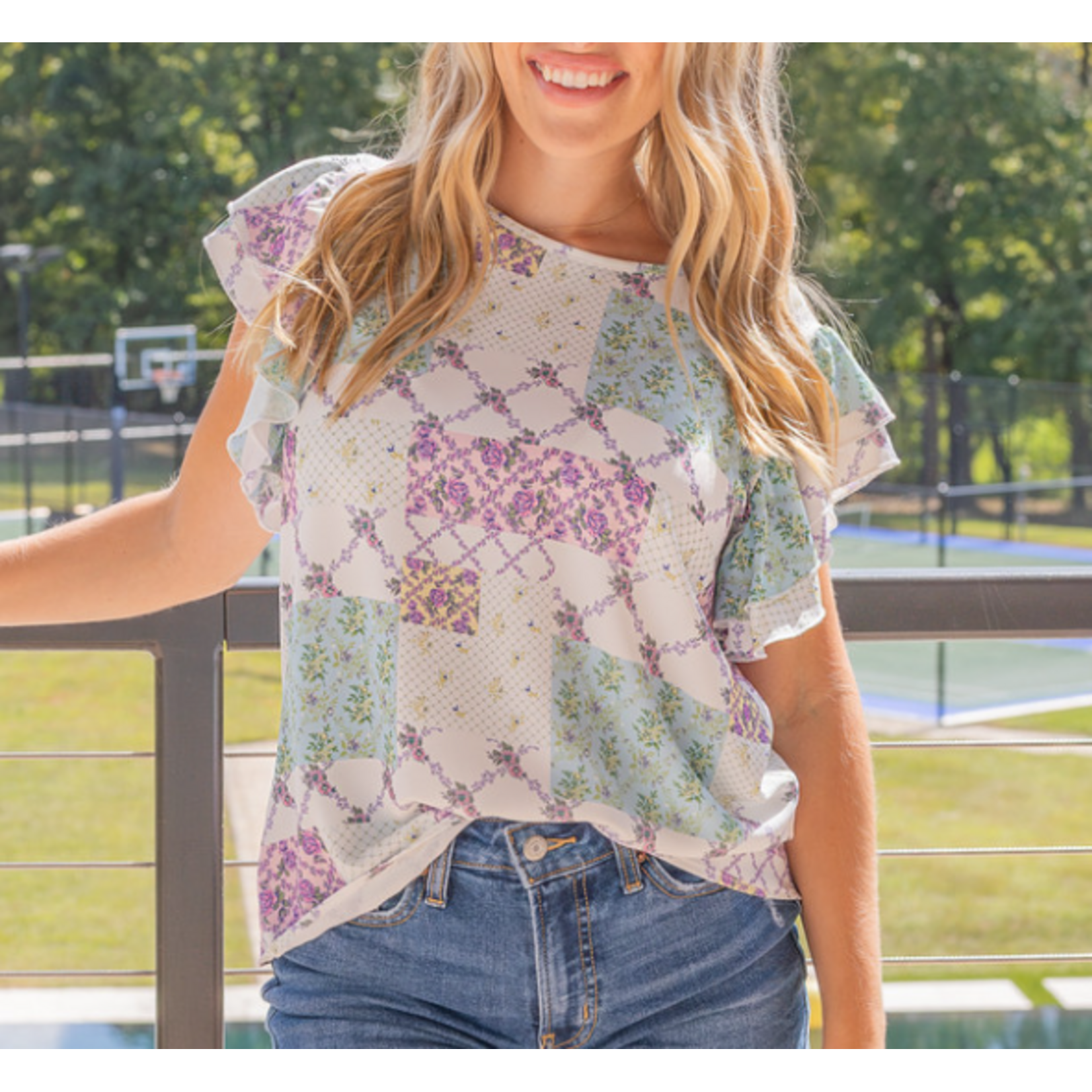 Simply Southern Simply Southern Ruffle Sleeve Top Purple Floral Patchwork