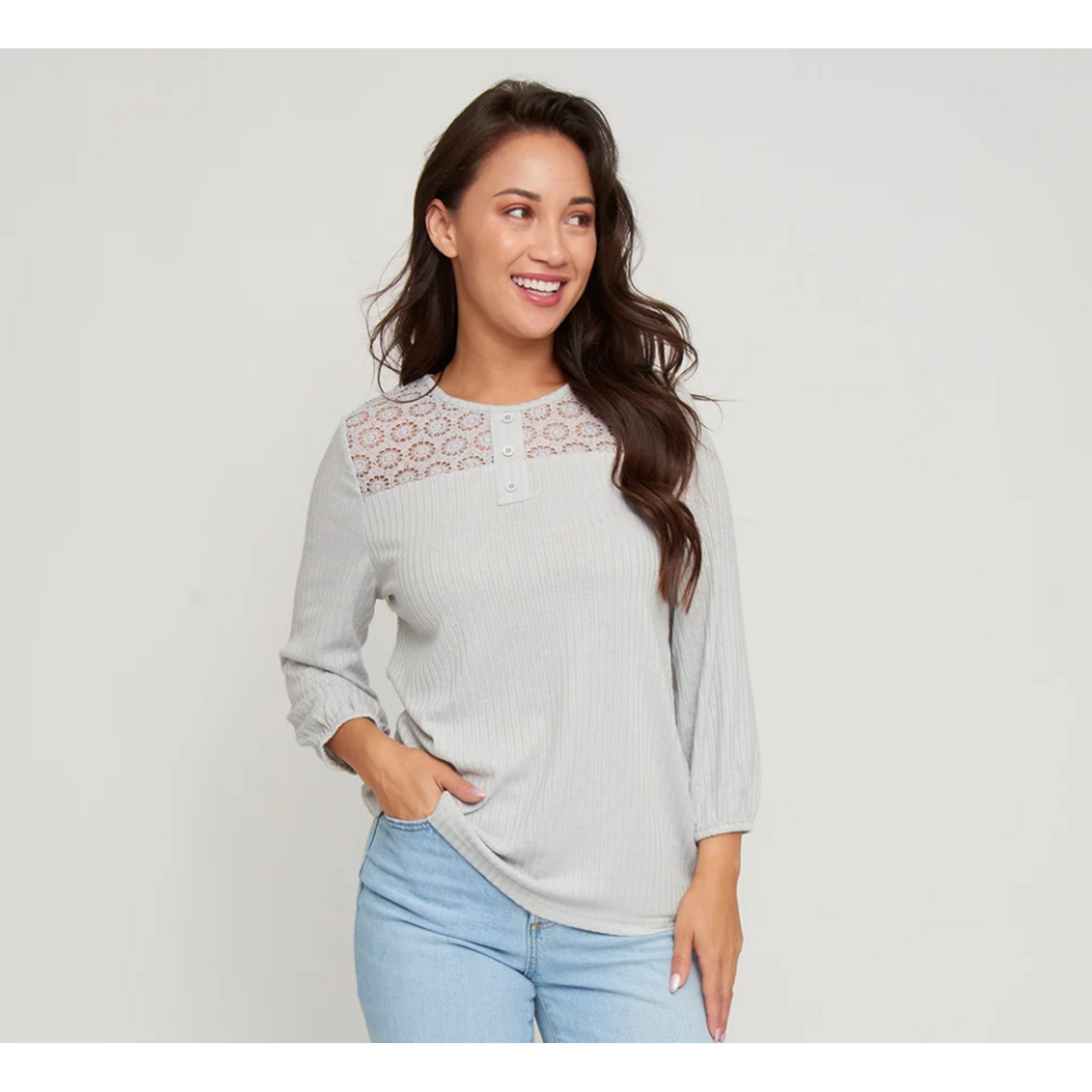 Elsie & Zoey Elsie & Zoey Selena Ribbed Henley Top Light Gray
