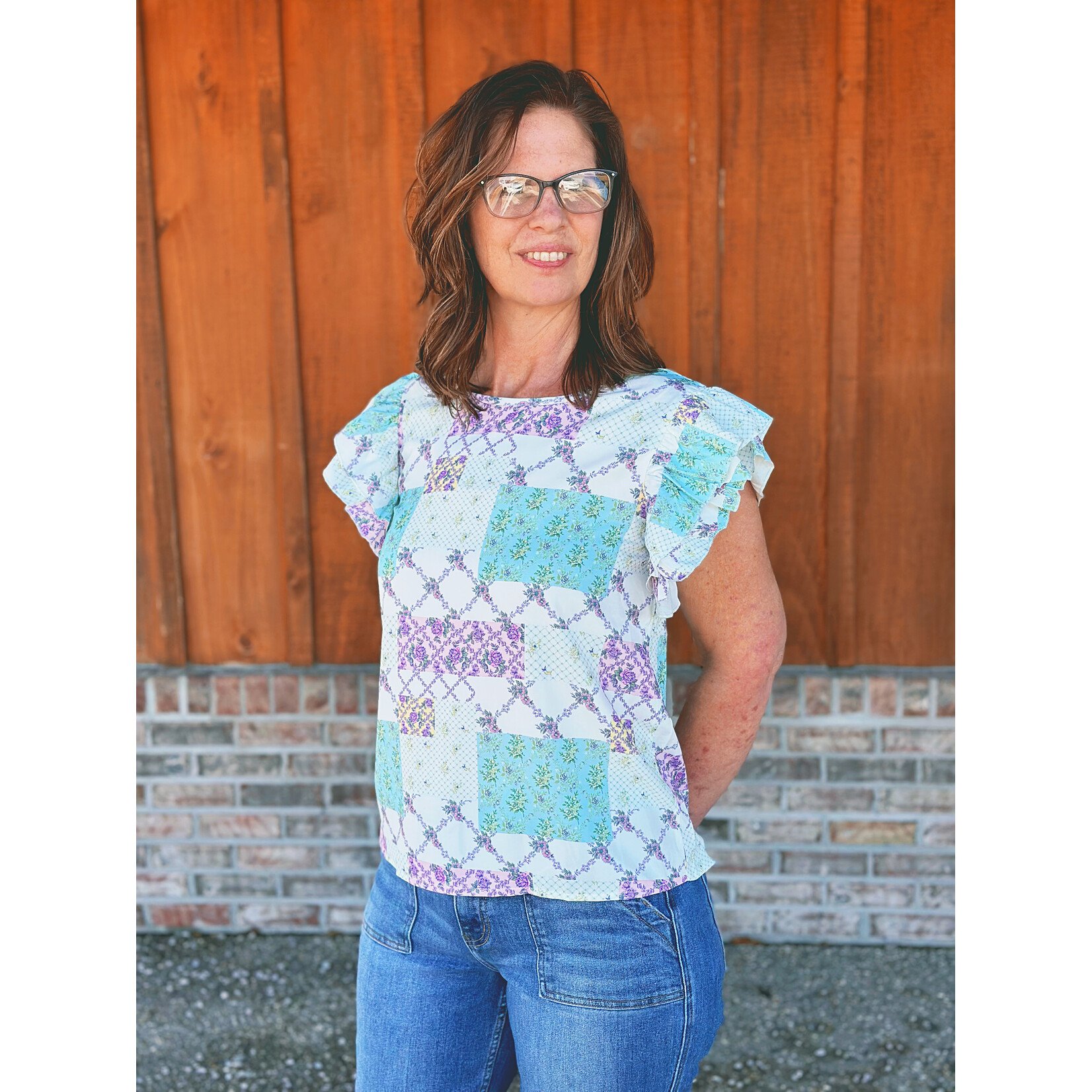 Simply Southern Simply Southern Ruffle Sleeve Top Purple Floral Patchwork