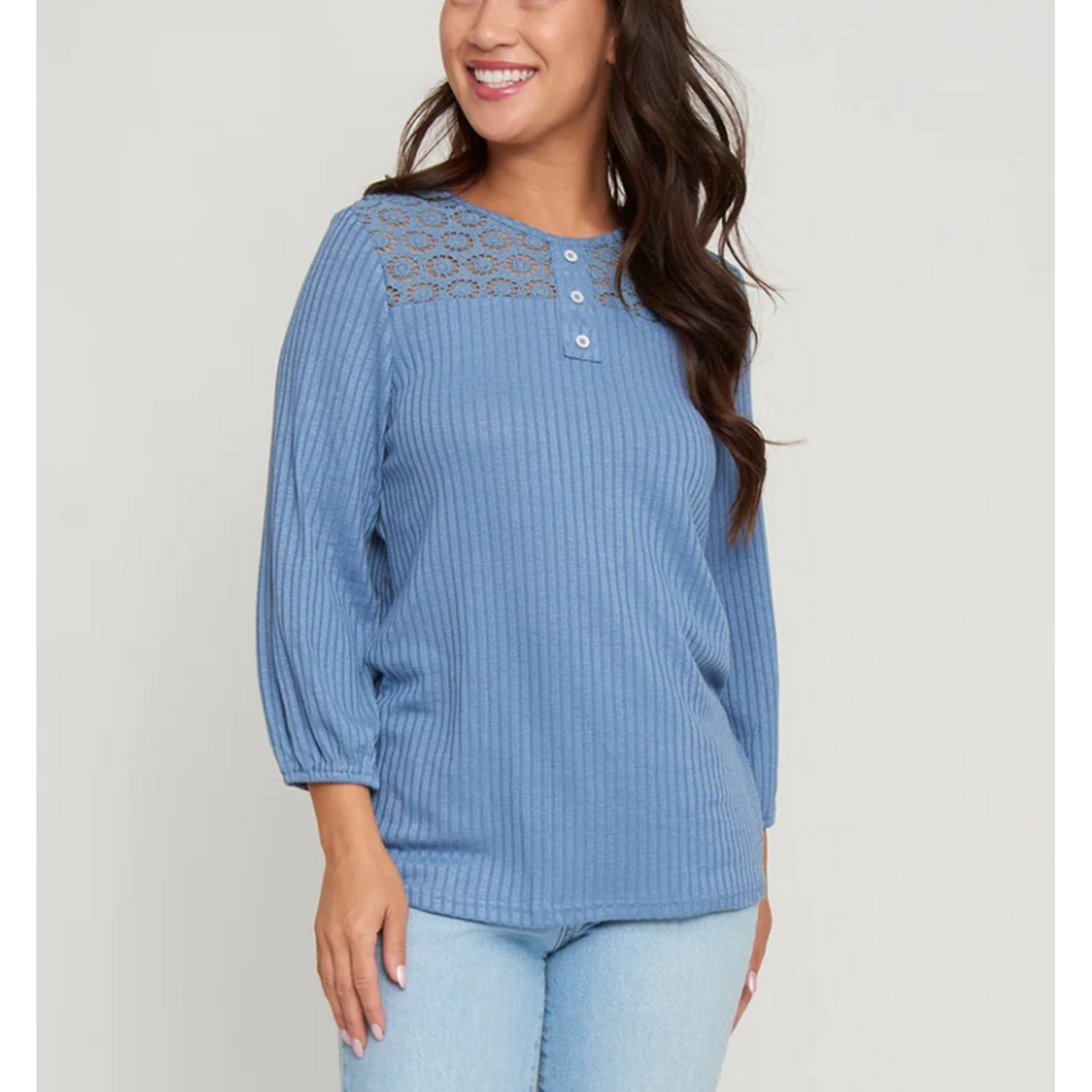 Elsie & Zoey Elsie & Zoey Selena Ribbed Henley Top Slate Blue