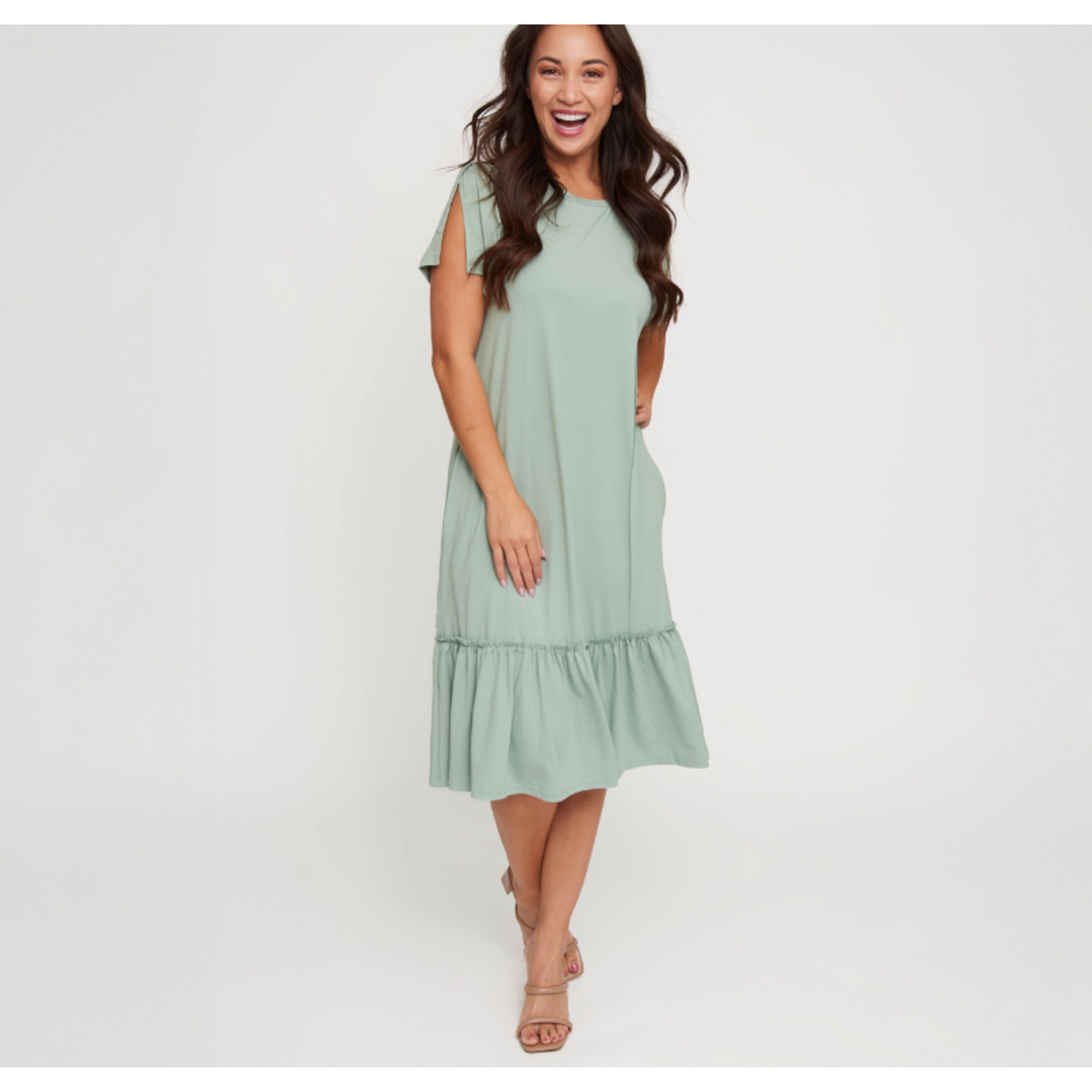 Arianna Arianna Slit-Sleeve Dress with Ruffle Hem Sage