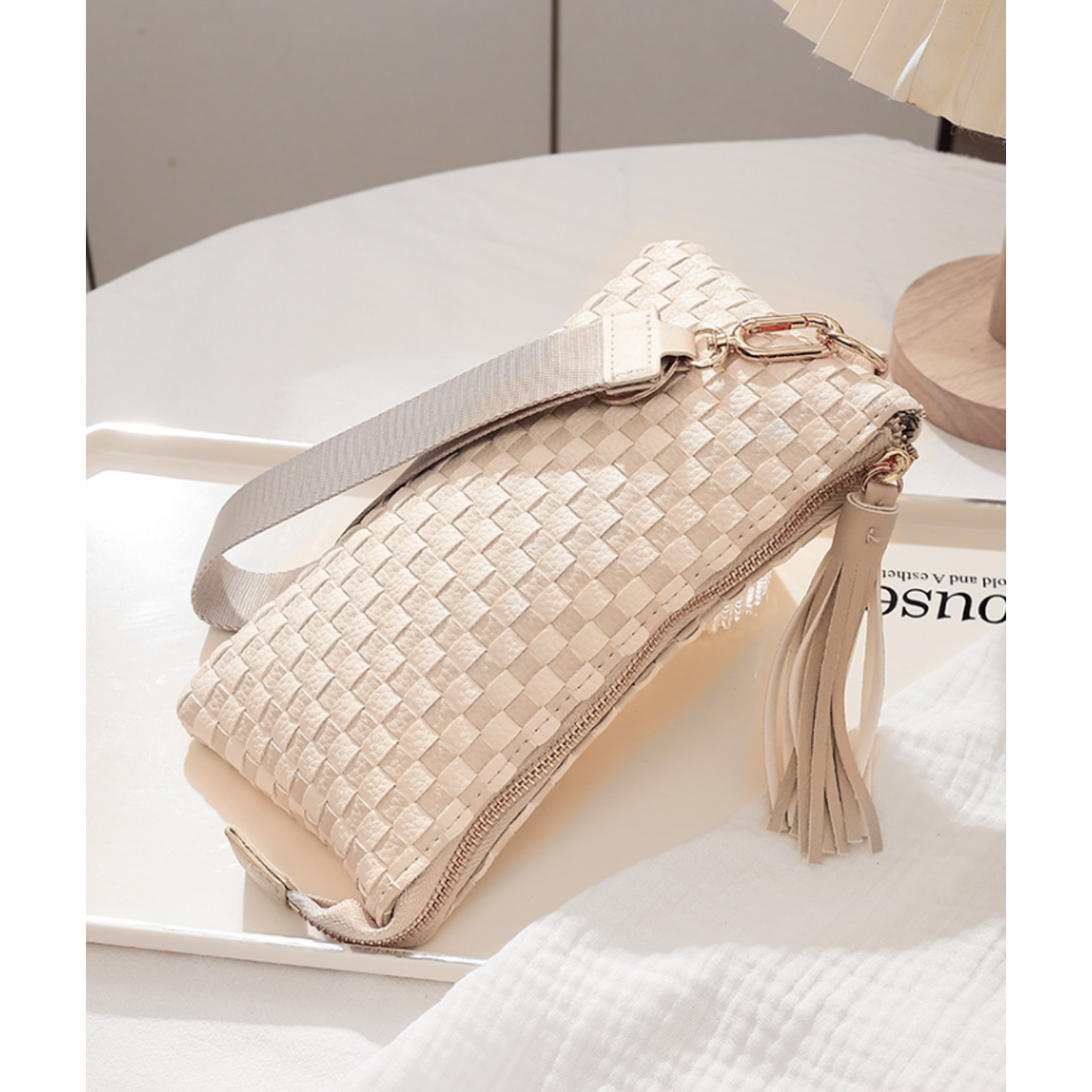 Zenana Zenana Woven Wristlet Clutch Beige Checkered