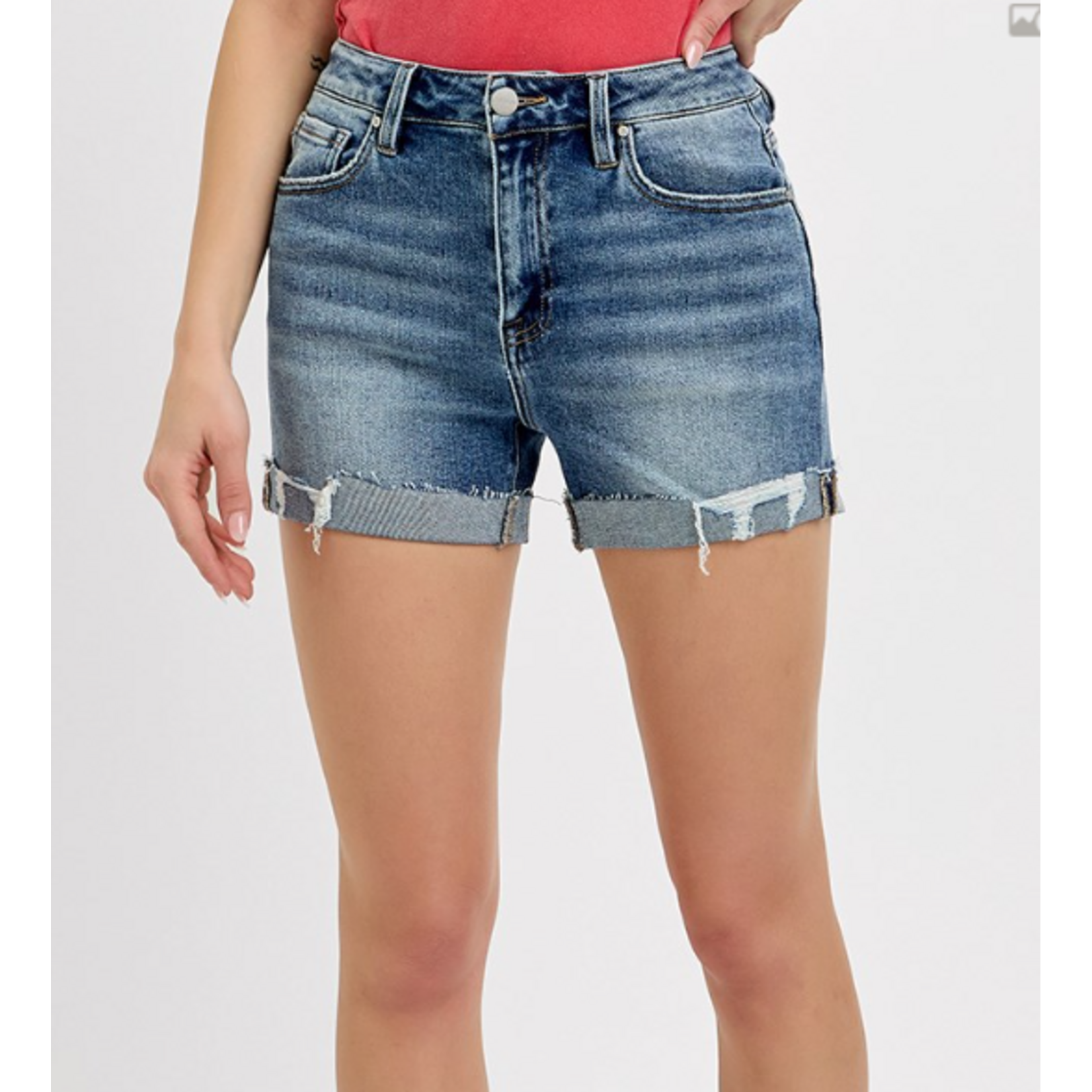 Risen Risen 1308 High Rise Ripped Hem Shorts Medium Wash