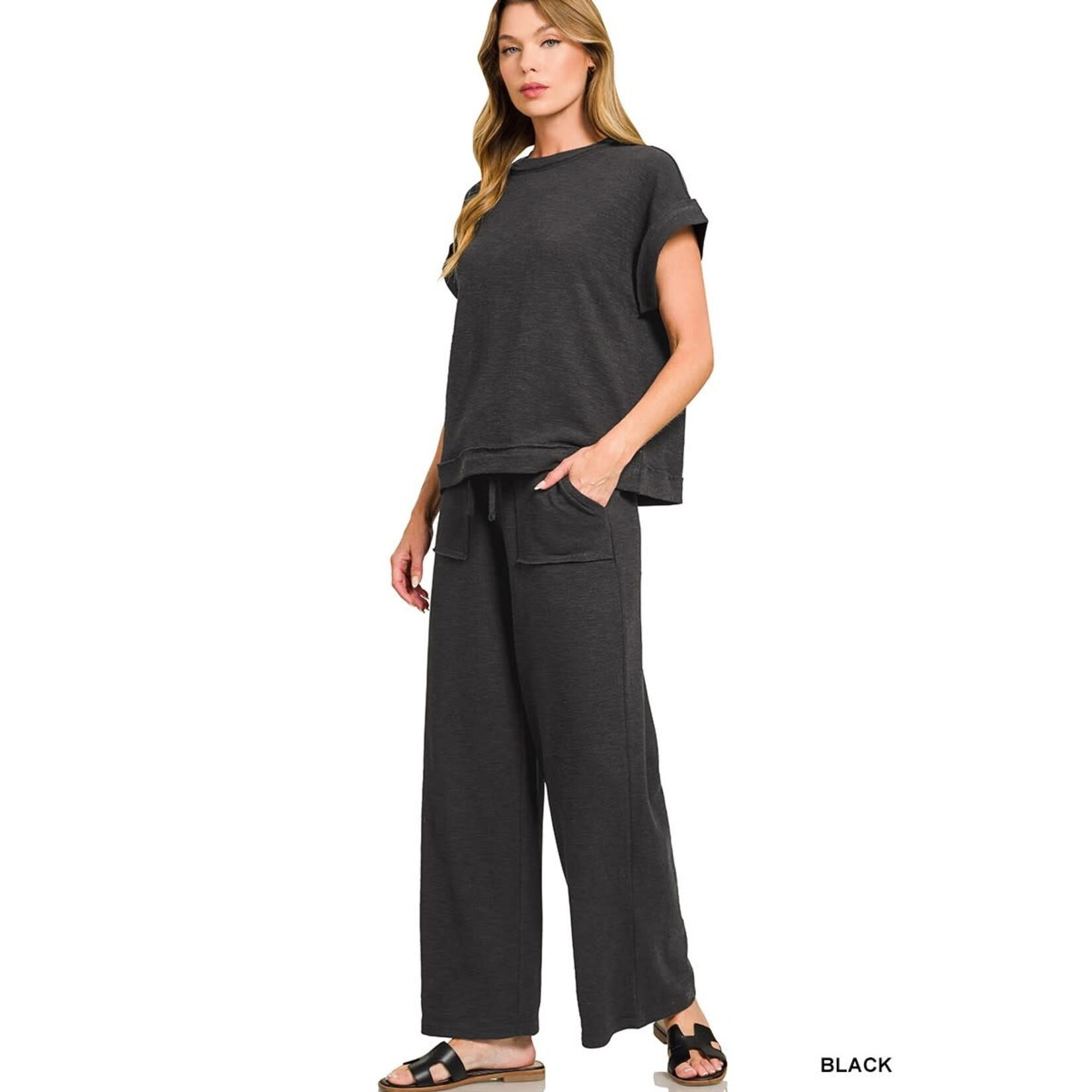 Zenana Zenana Cotton Slub Short Sleeve Tee & Long Pant Set Black