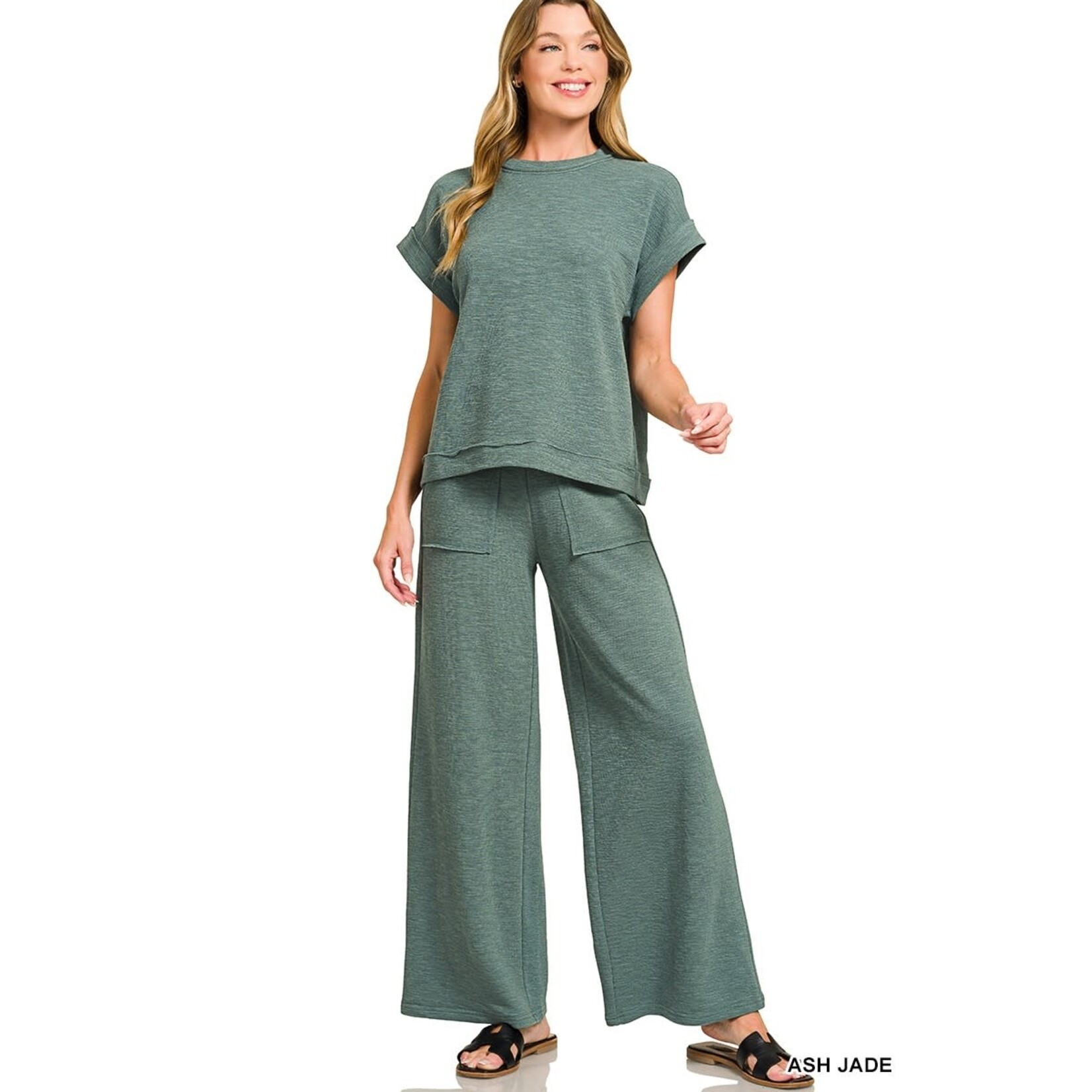 Zenana Zenana Cotton Slub Short Sleeve Tee & Long Pants Set Ash Jade