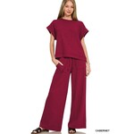 Zenana Zenana Cotton Slub Short Sleeve Tee & Long Pant Set Cabernet