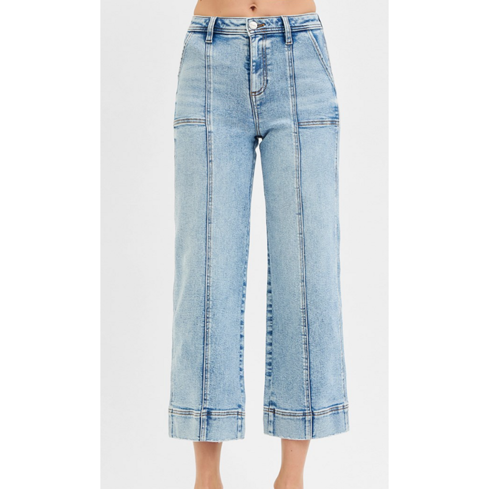 Risen Risen 21072 HR Crop Straight Front Seam Detailed Jeans Light Wash