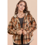 New In Very J Oversized Flannel Hooded Button Down Jacket Caramel